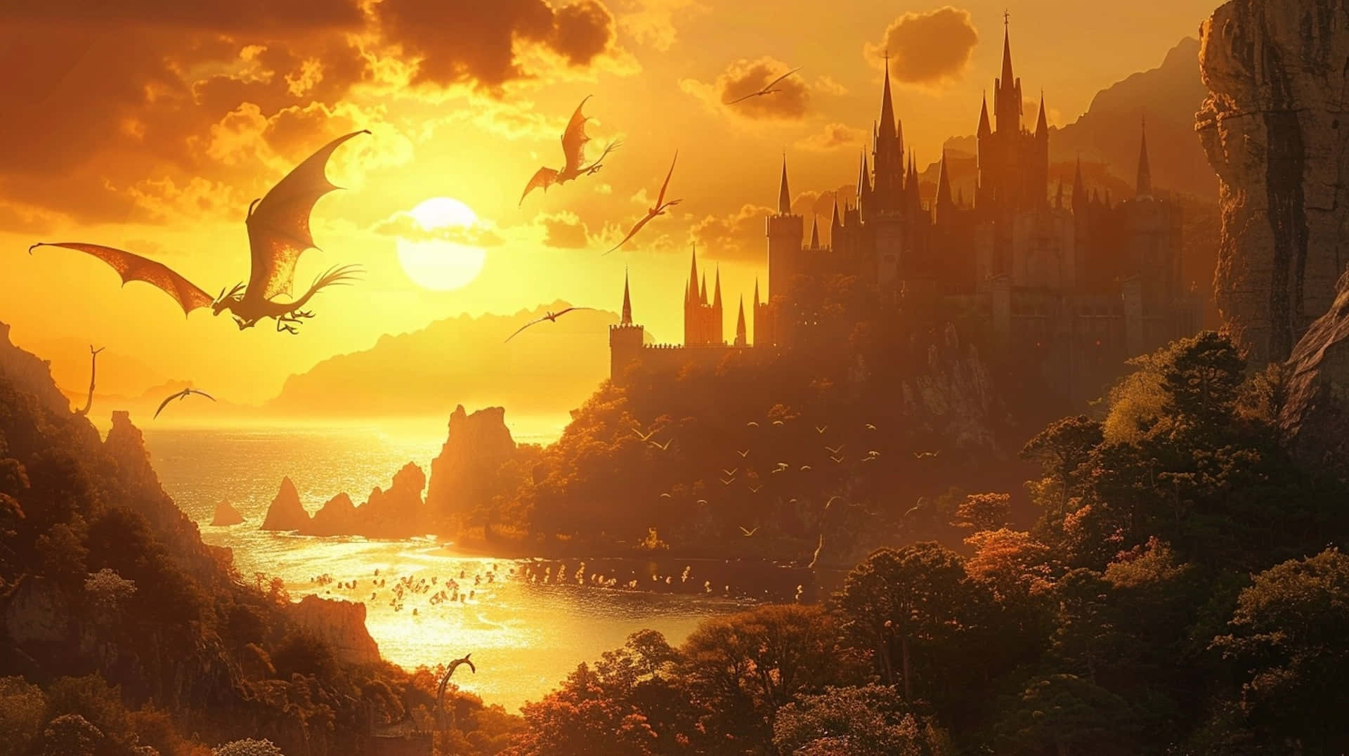 sunset, dragon flight, fantasy castle, Full HD Desktop Wallpaper