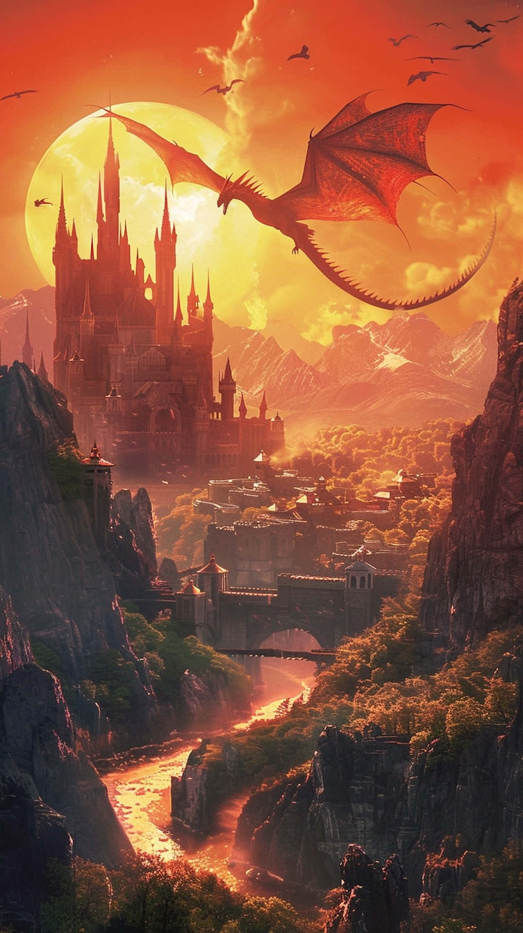 red dragon, gothic castle, canyon, Full HD Phone Wallpaper