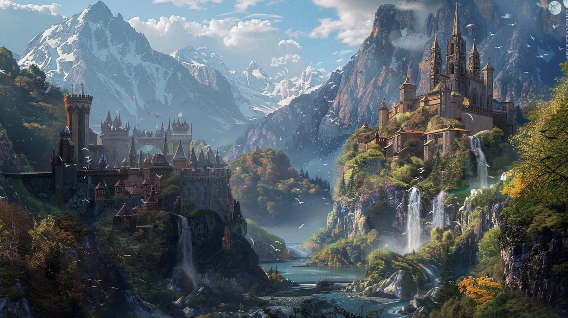 enchanted mountain kingdom, fantasy castle, cliffs, Full HD Desktop Wallpaper