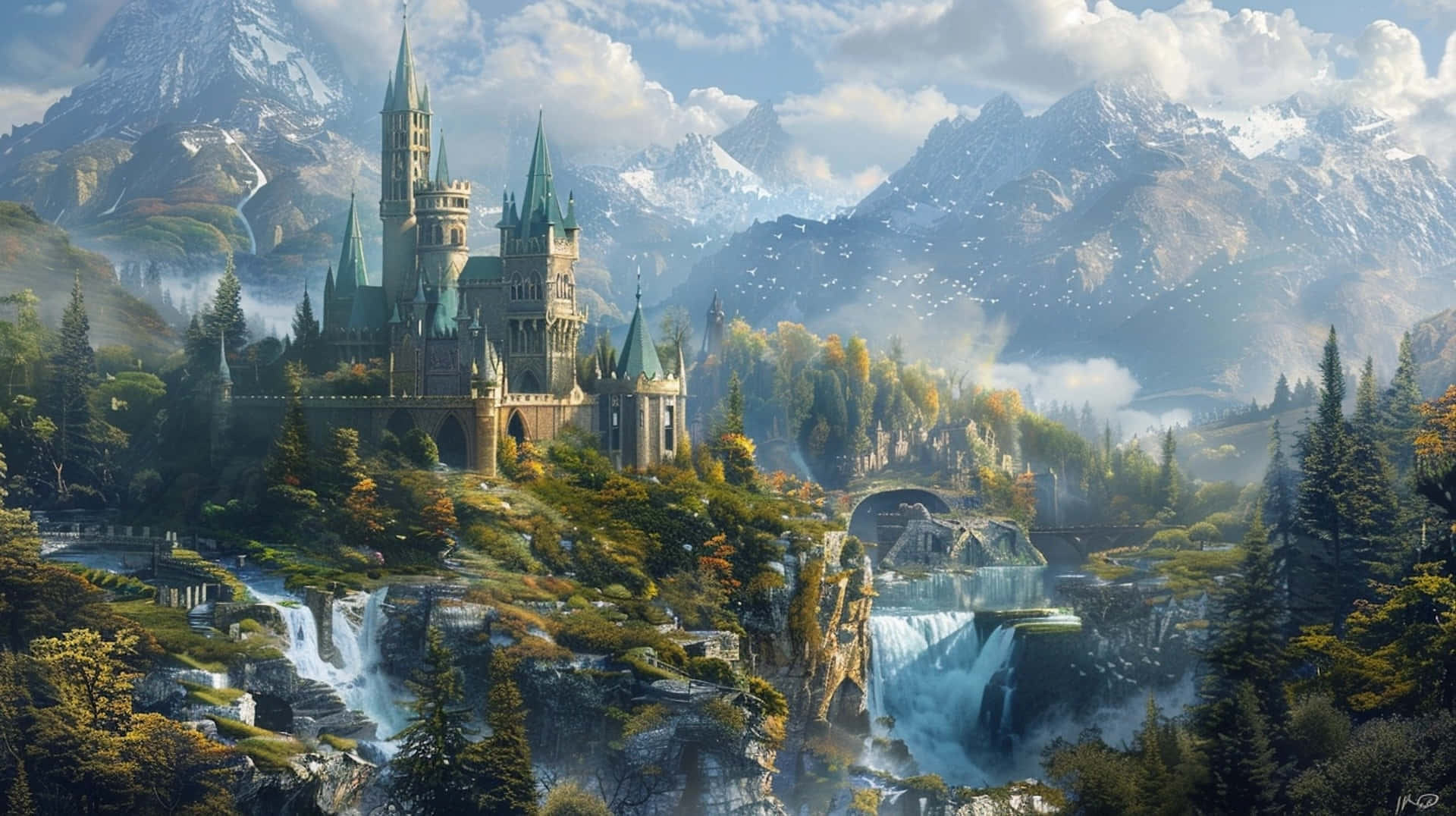 enchanted castle, cliffside, cascading waterfalls, Full HD Desktop Wallpaper