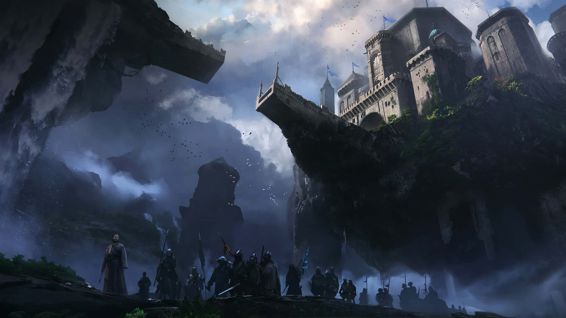 medieval fantasy castle, crumbling floating castle, stormy clouds, Full HD Desktop Wallpaper