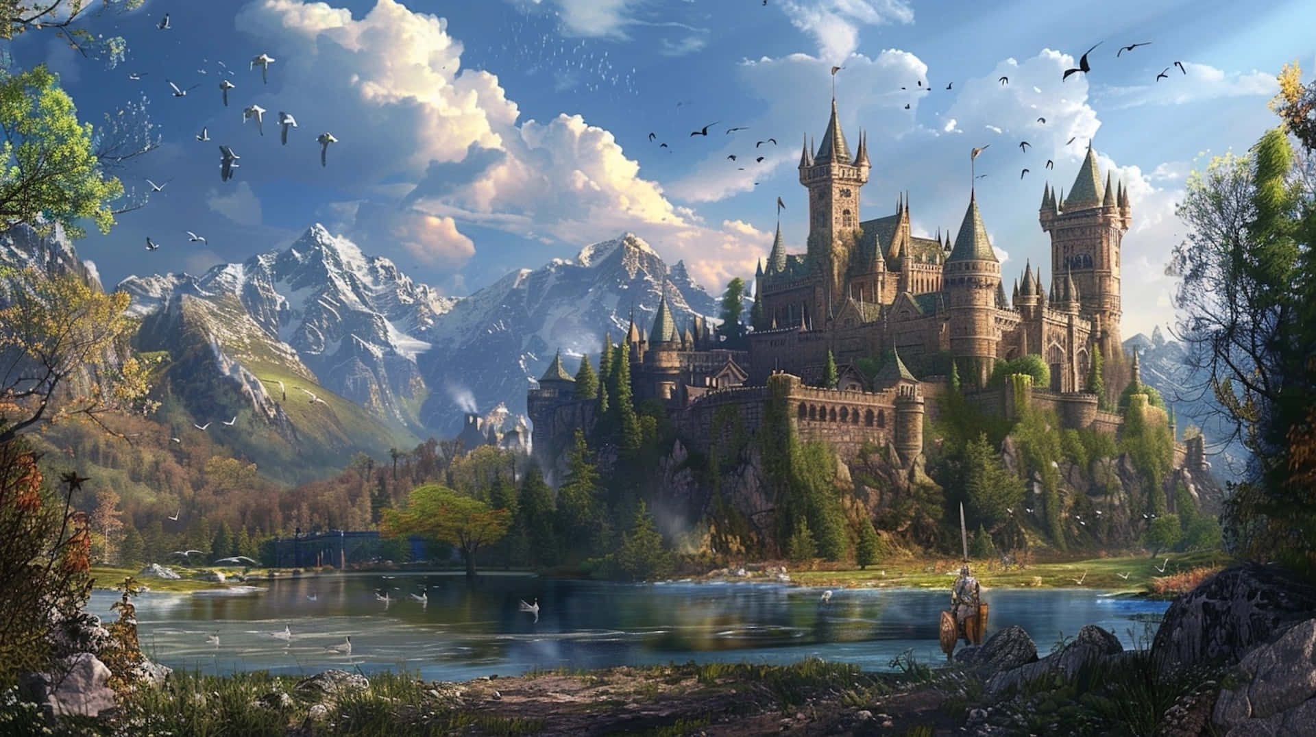 enchanted castle, mountain lake, snow-capped mountains, Full HD Desktop Wallpaper