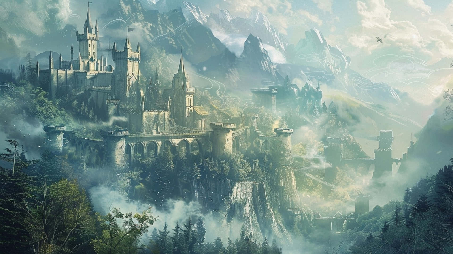 mystical mountain castle, misty mountains, winding stone bridges, Full HD Desktop Wallpaper