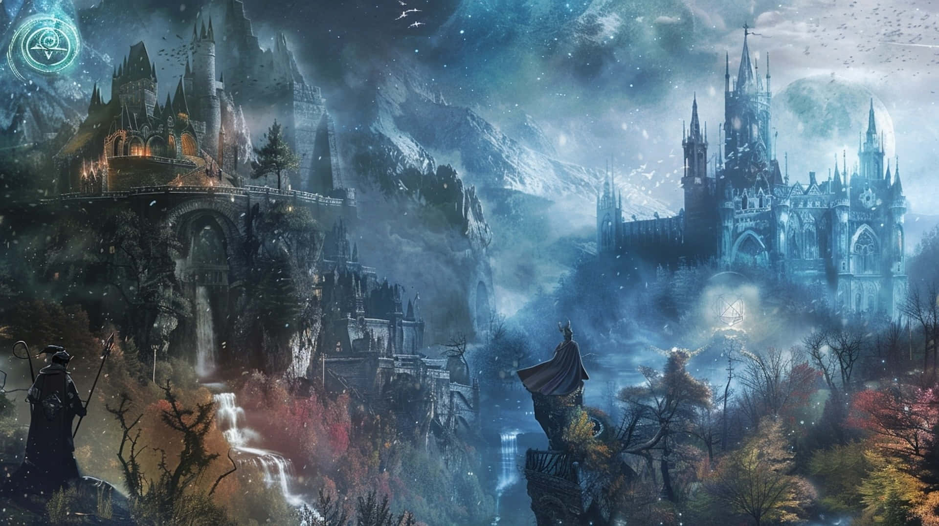enchanted mountain kingdom, grand castles, cliffs, Full HD Desktop Wallpaper