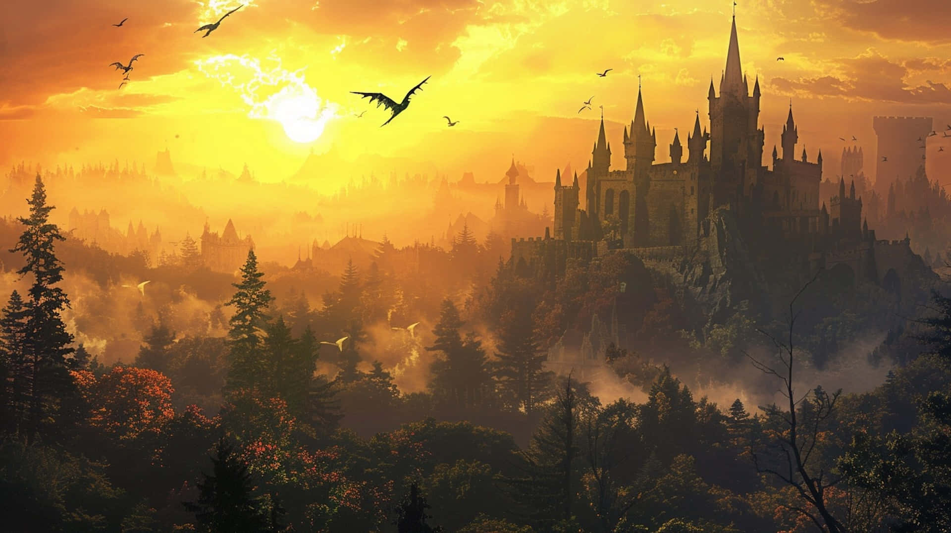 enchanted sunset castle, gothic castle, misty cliff, Full HD Desktop Wallpaper