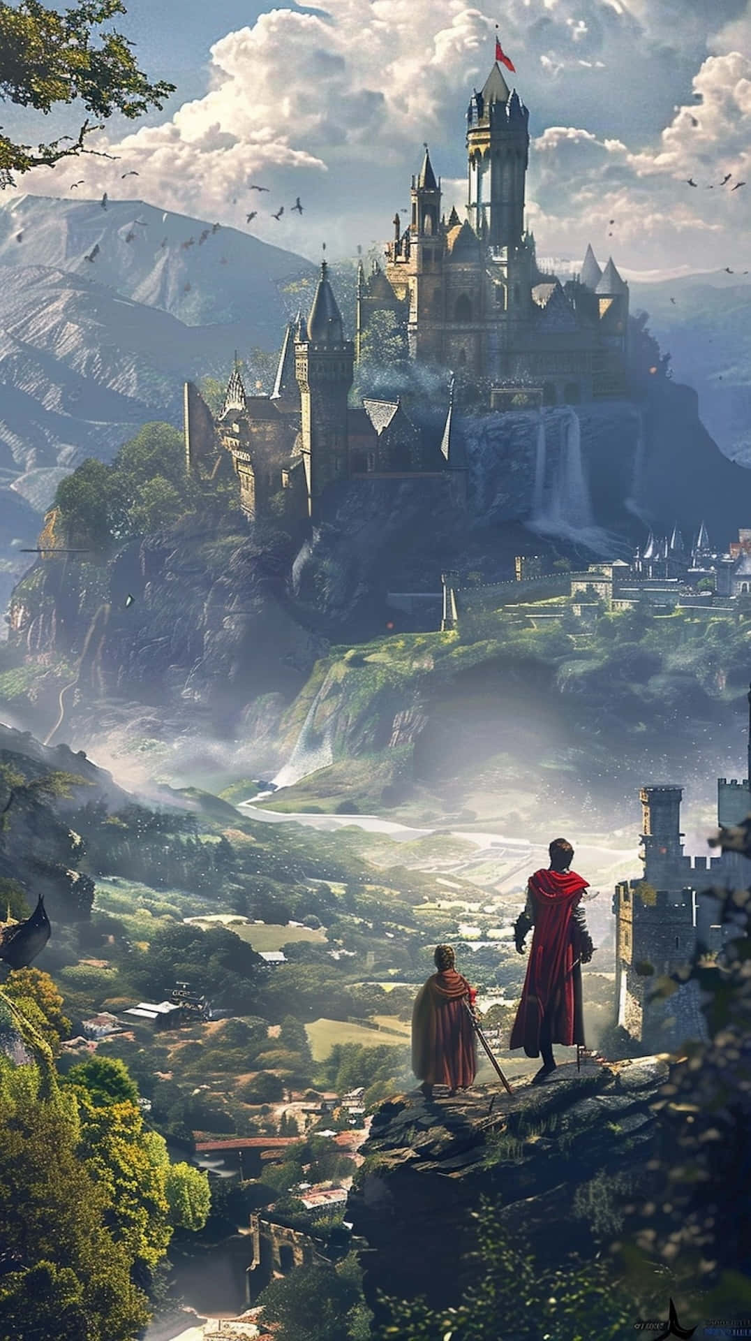 majestic castle, cliff, robed figures, Full HD Phone Wallpaper