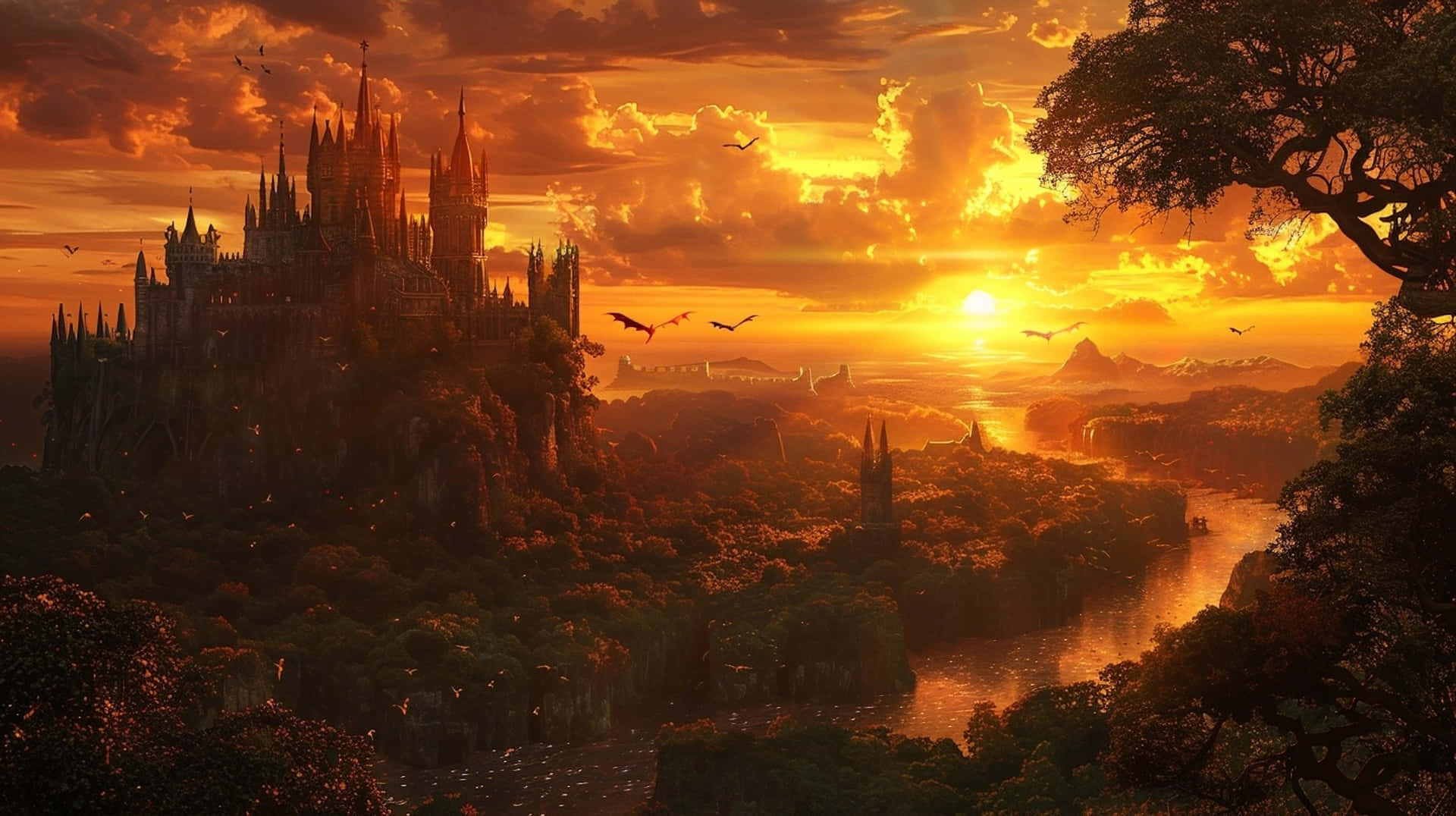 gothic castle, cliff, sunset, Full HD Desktop Wallpaper