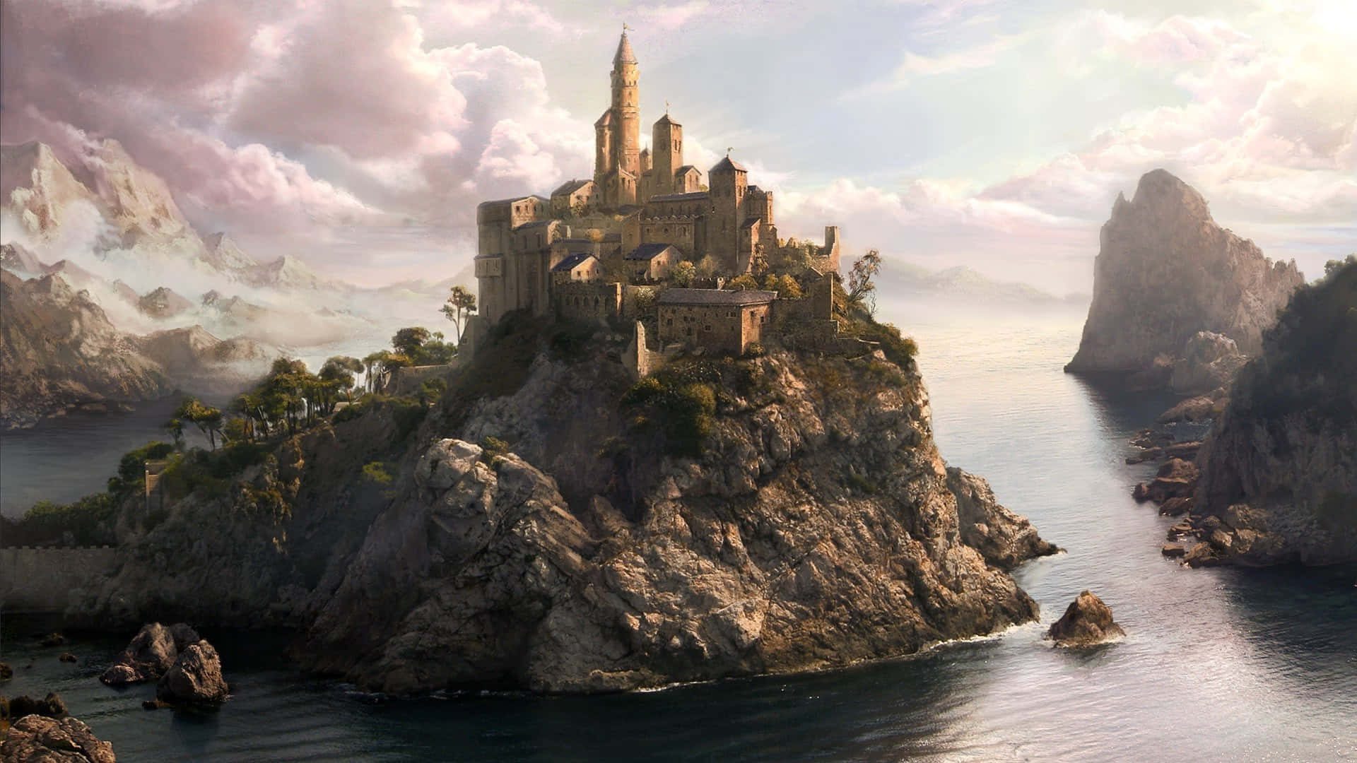 medieval kingdom fantasy castle, cliff, rocky island, Full HD Desktop Wallpaper