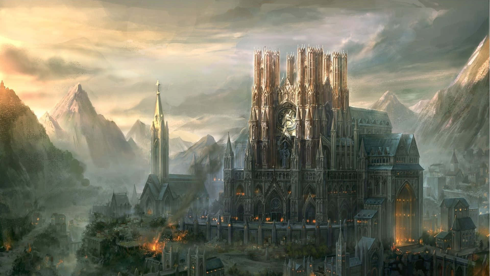 mystical mountain cathedral, gothic cathedral, misty mountains, Full HD Desktop Wallpaper