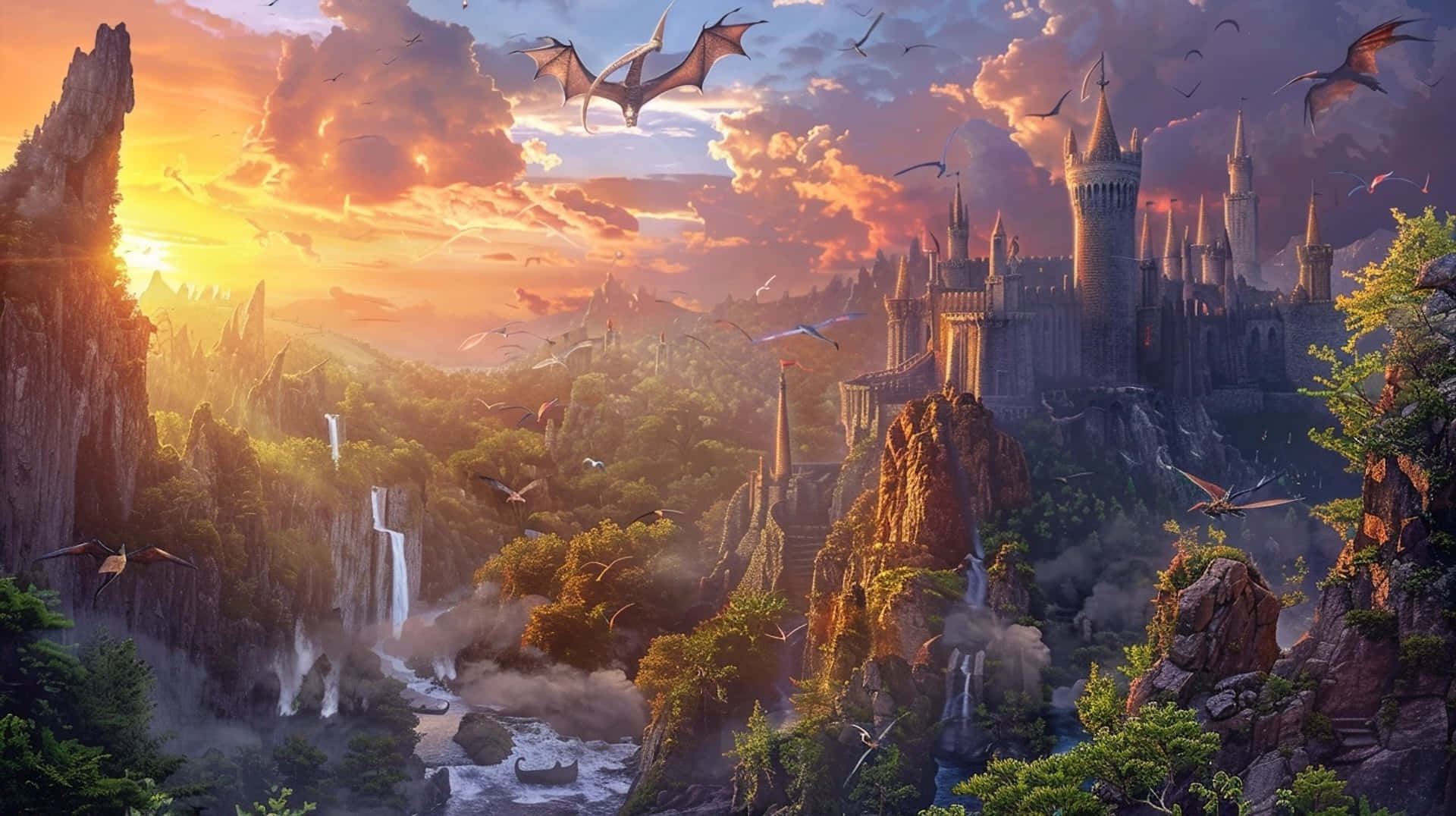 sunset, dragon, flight, Full HD Desktop Wallpaper