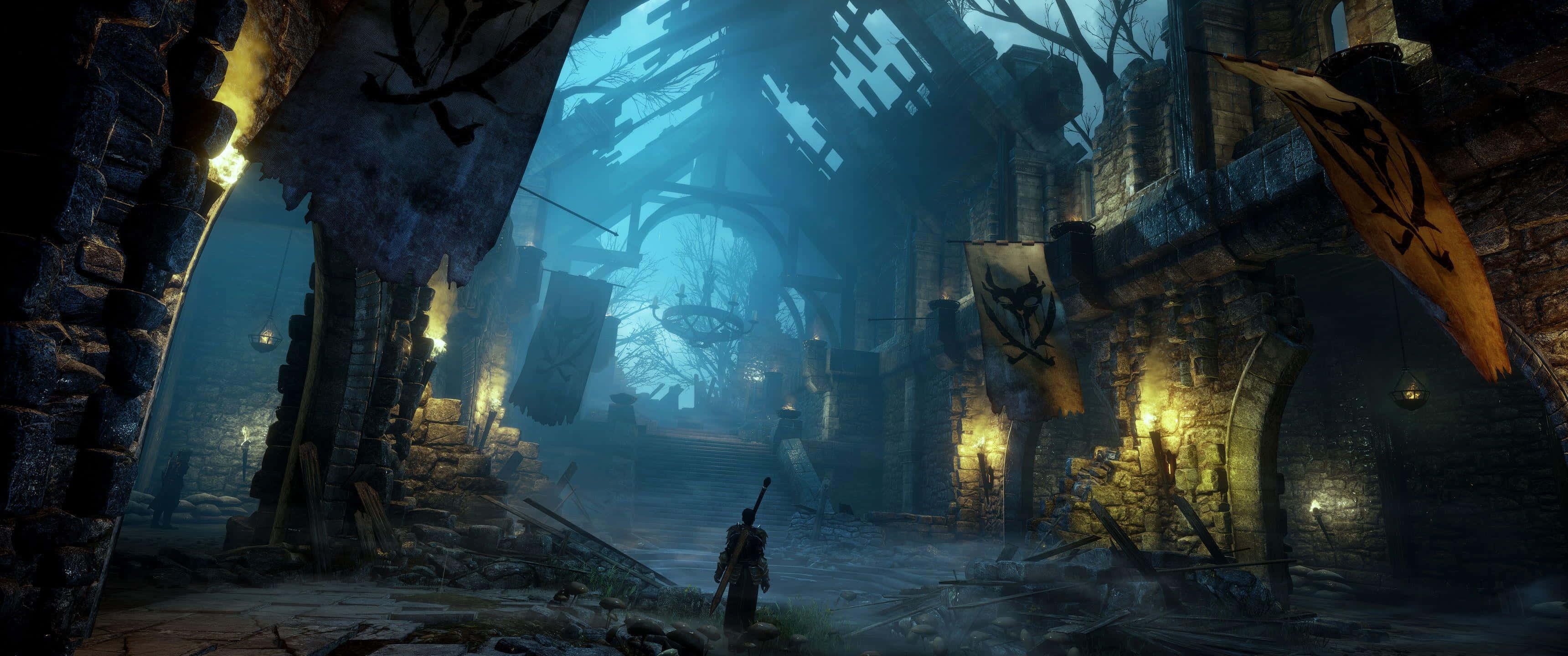medieval castle, lone warrior, misty ruin, 2K Desktop Wallpaper
