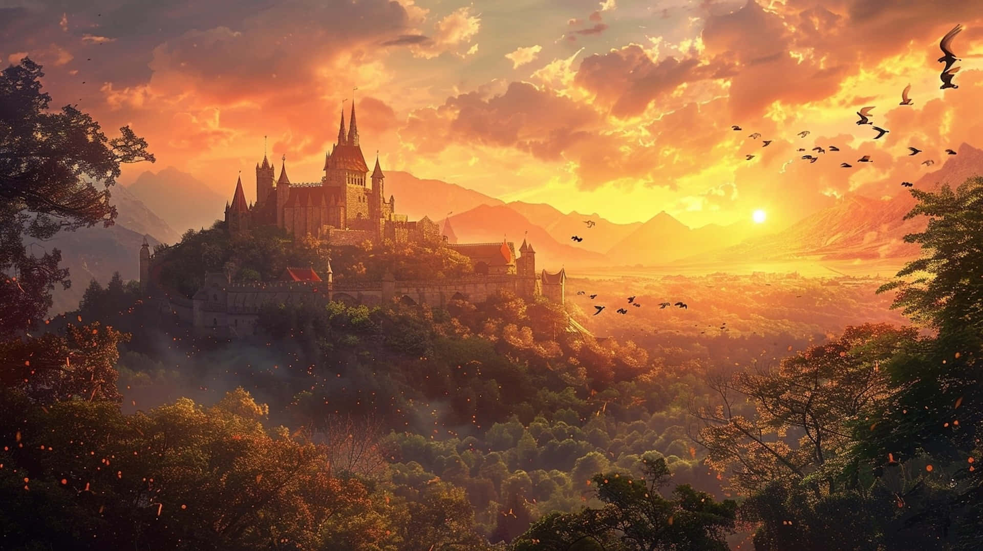 enchanted sunset castle view, medieval castle, forested hill, Full HD Desktop Wallpaper