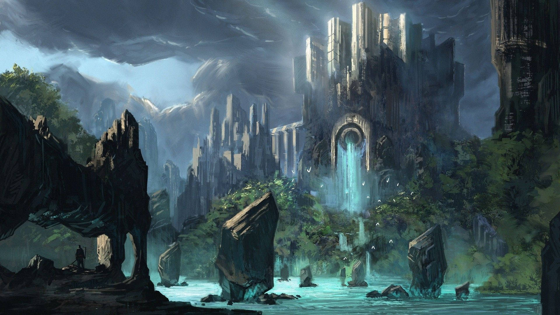 ancient fantasy kingdom, glowing blue waterfalls, towering stone spires, Full HD Desktop Wallpaper