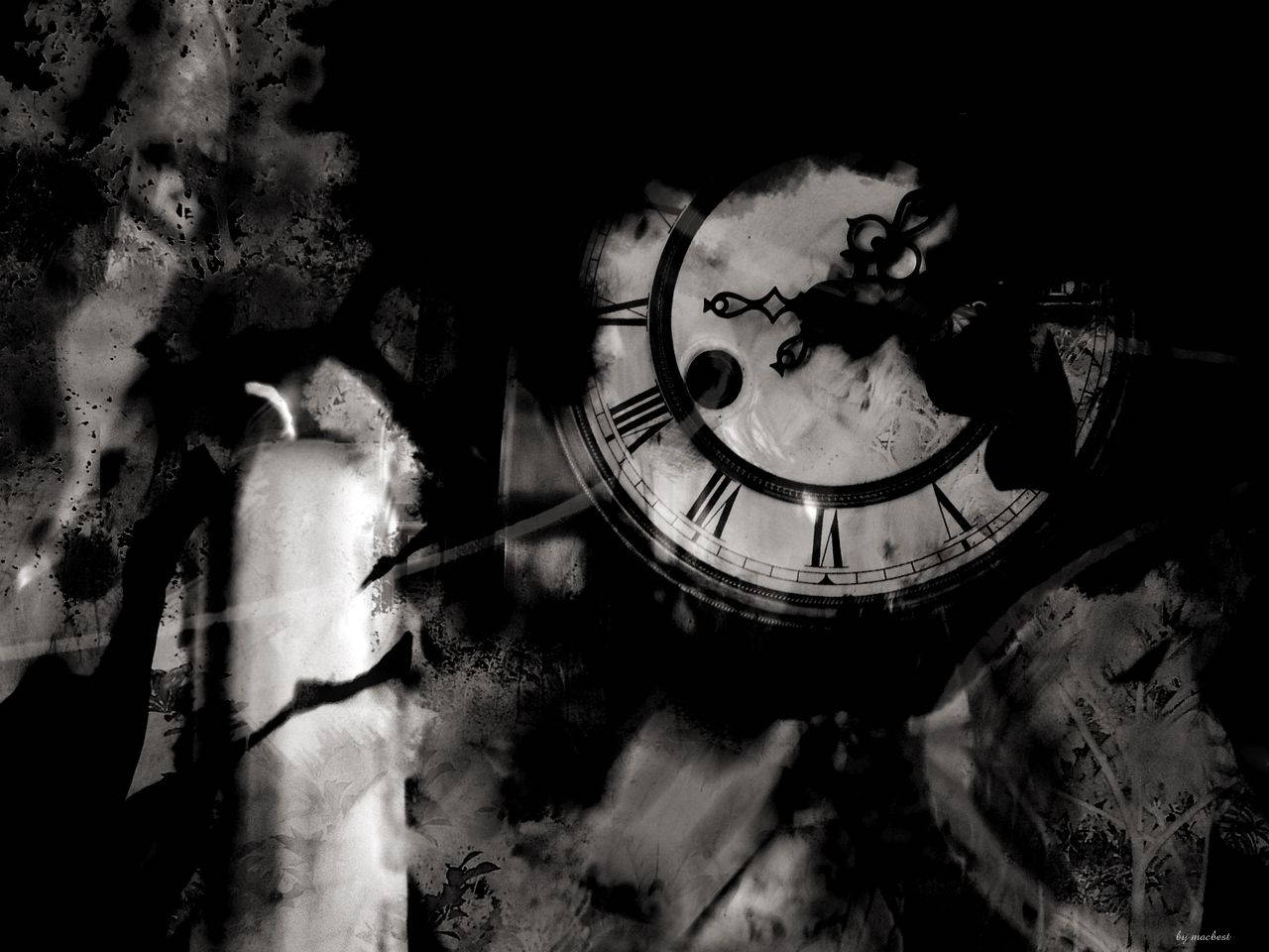 dark gothic clock, black and white clock face, Roman numerals, HD Desktop Wallpaper