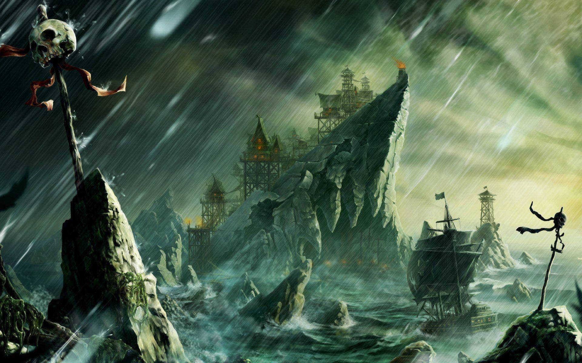 stormy sea, jagged rocks, haunted pirate ship, Full HD Desktop Wallpaper