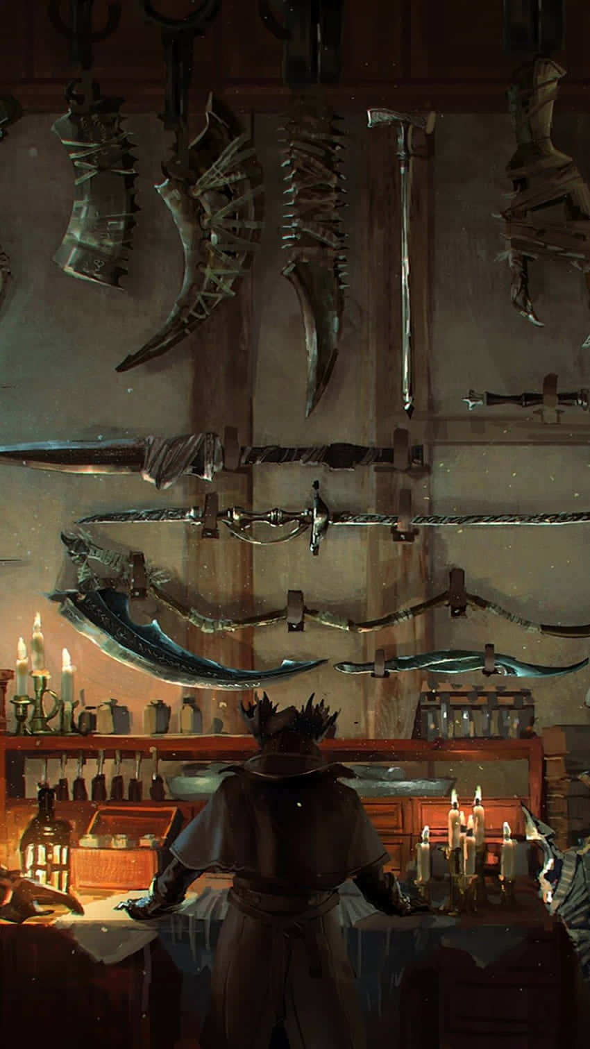 medieval armory showcase, cloaked figure, dimly lit armory, HD Phone Wallpaper