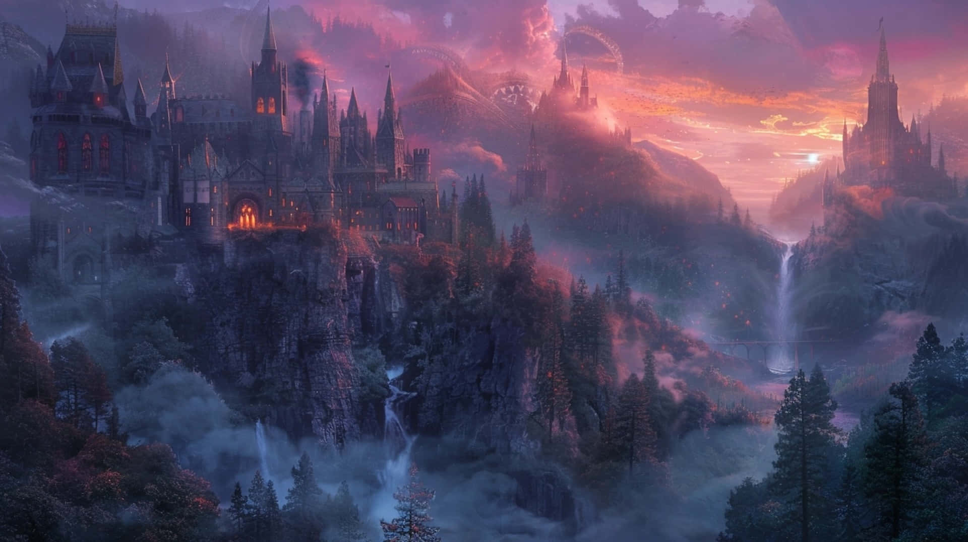 enchanted sunset castle, gothic castle, misty cliffs, Full HD Desktop Wallpaper