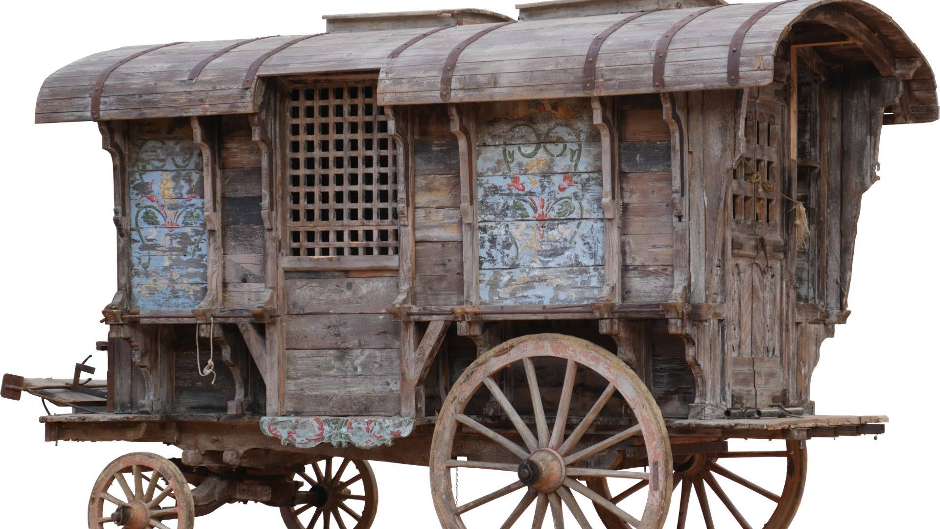 medieval caravan, weathered wooden caravan, ornate faded paintings, Full HD Desktop Wallpaper