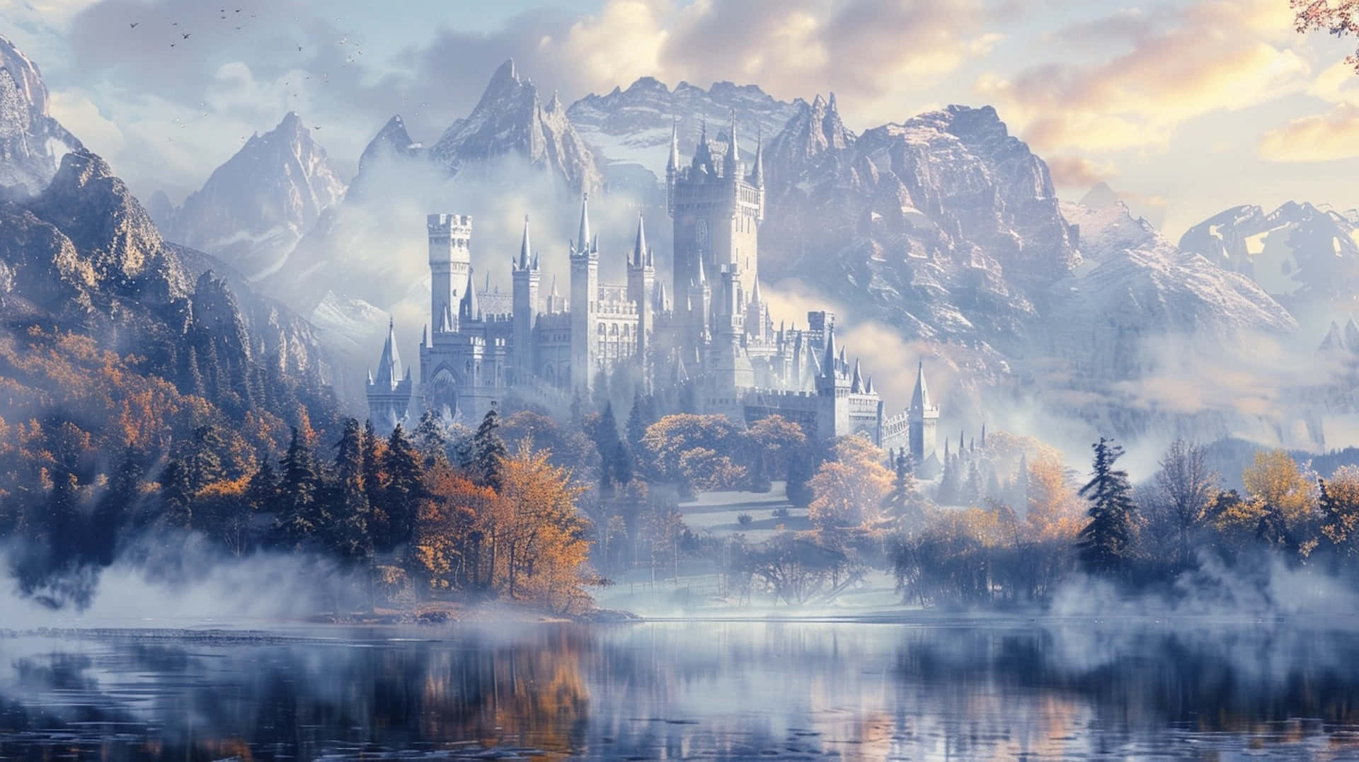 enchanted castle, misty mountains, autumn woods, Full HD Desktop Wallpaper