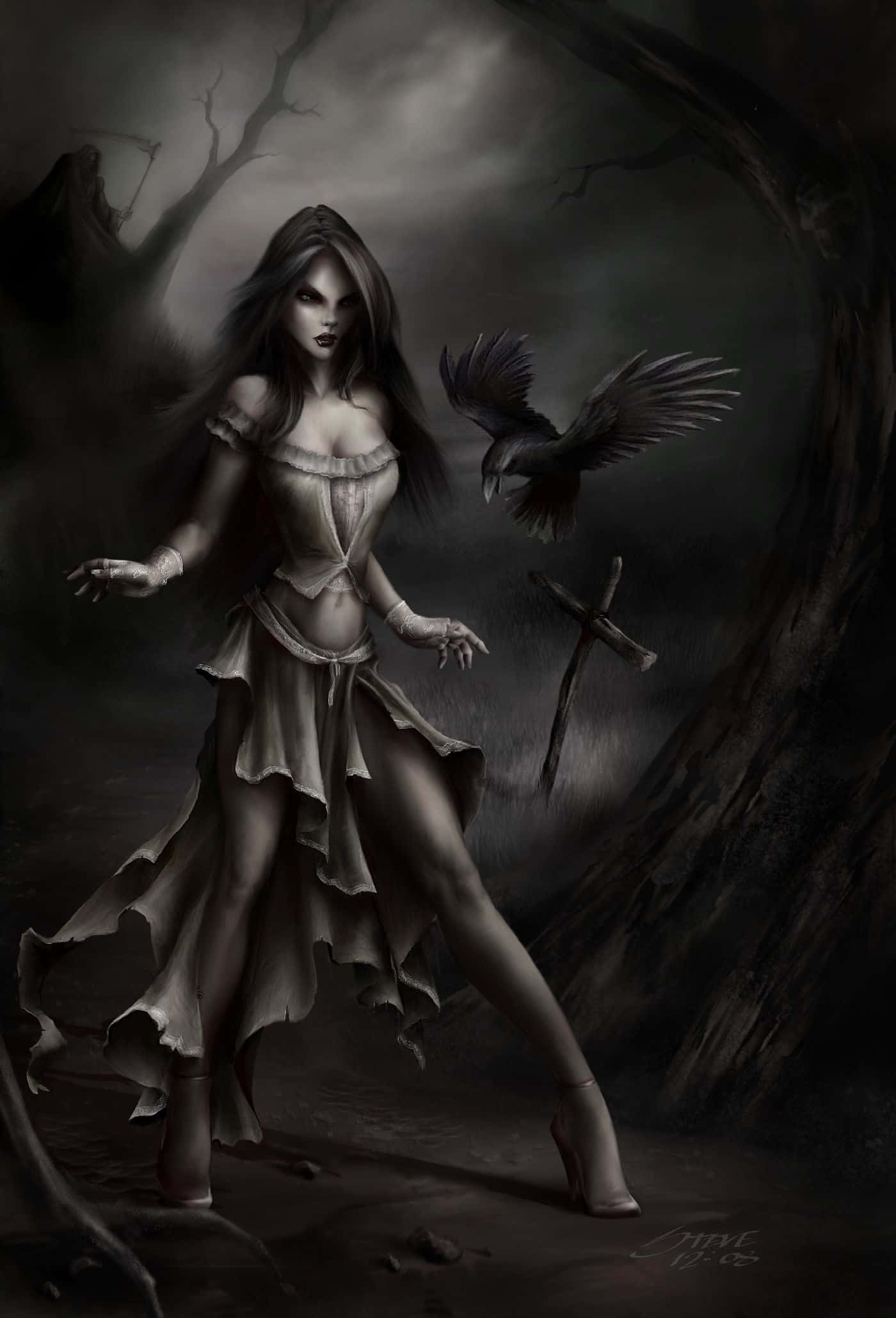 dark-haired witch, tattered dress, gloomy forest, Full HD Phone Wallpaper