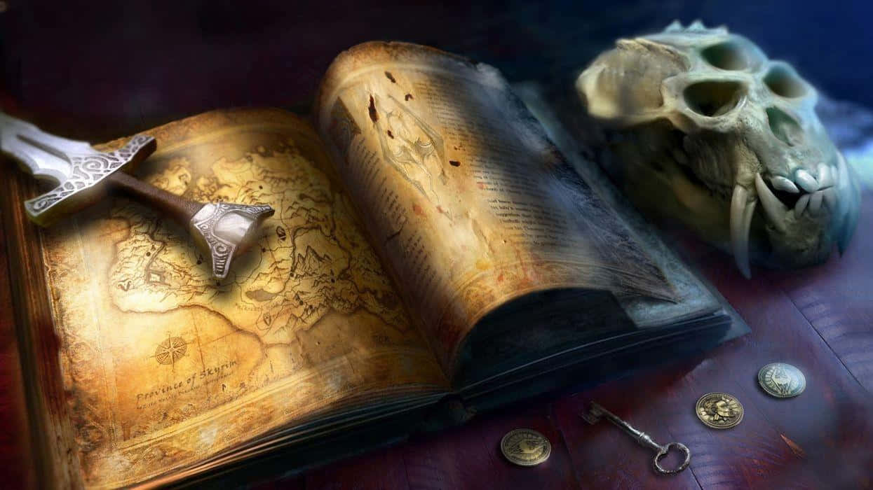 ancient open book, detailed map, ornate sword, SD Desktop Wallpaper