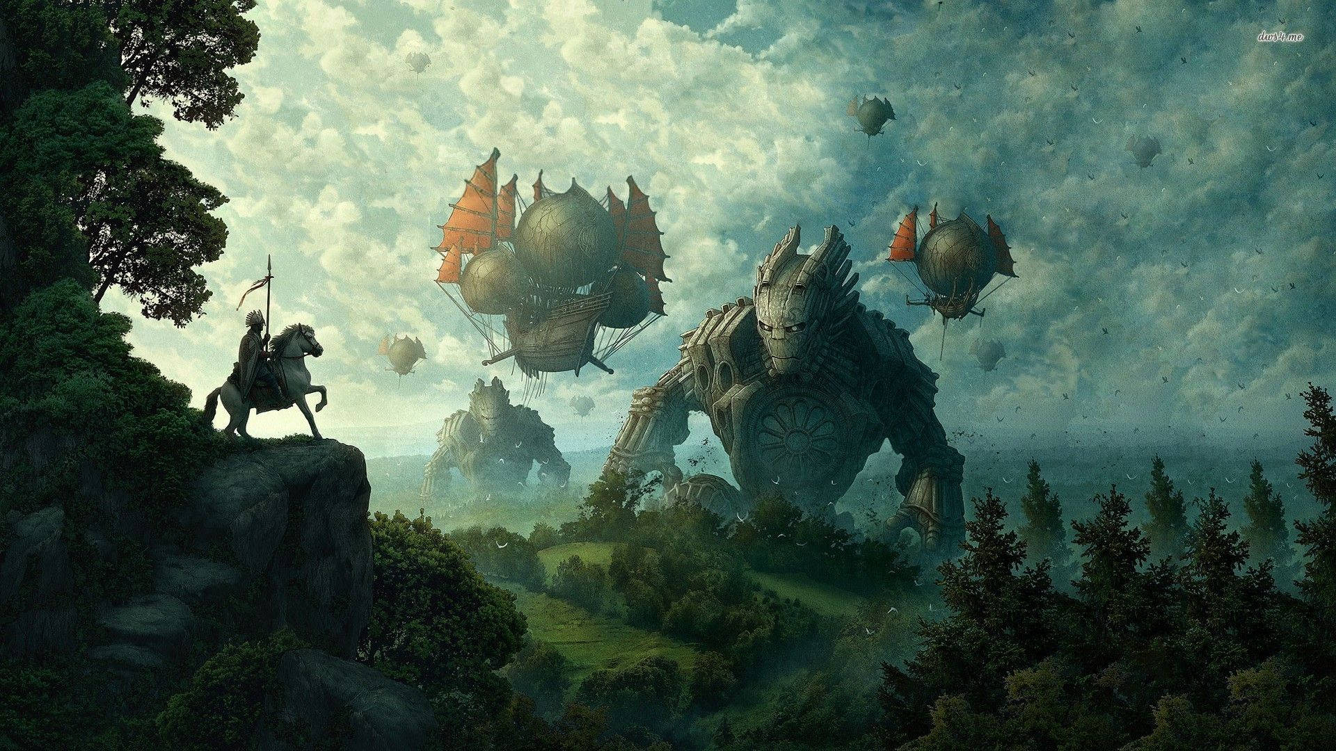 medieval robot, forest, mechanical giants, Full HD Desktop Wallpaper