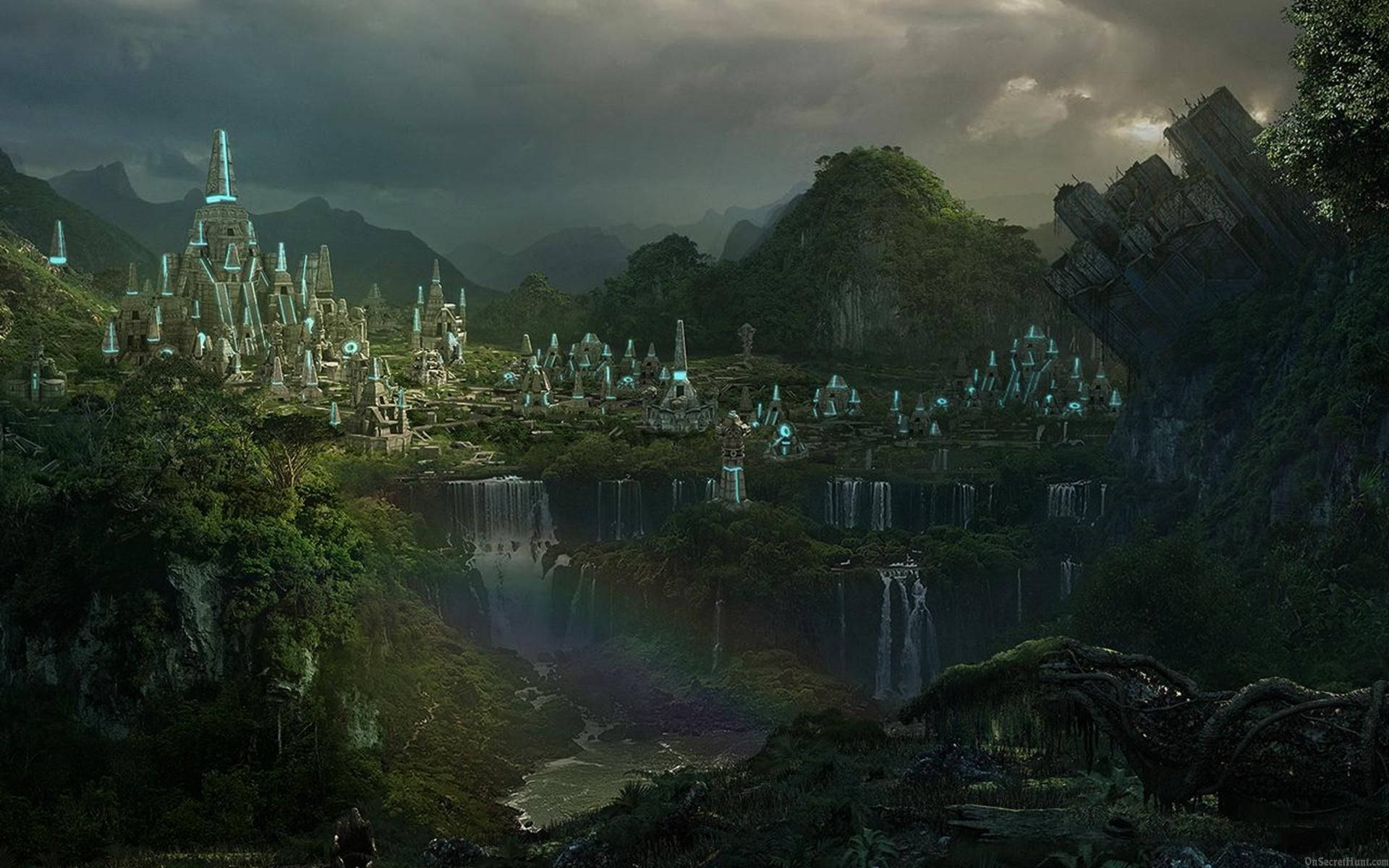 medieval sci fi city, glowing blue spires, cliffs, Full HD Desktop Wallpaper