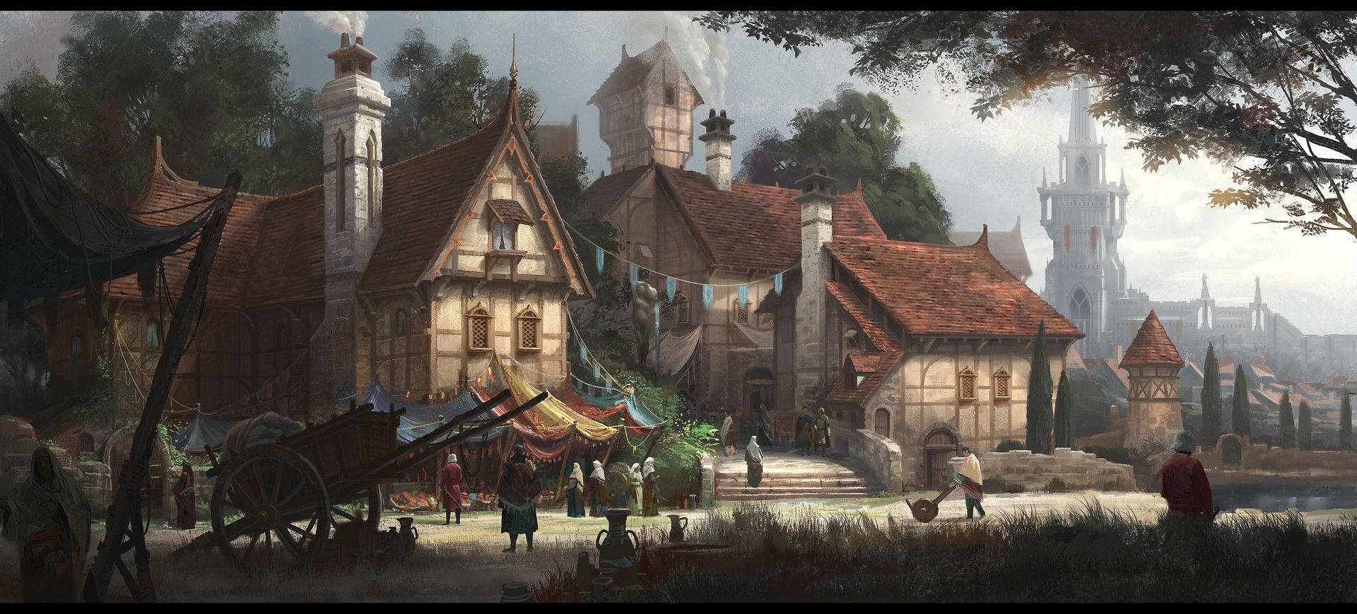 medieval fantasy village, timber-framed houses, market stalls, Full HD Desktop Wallpaper