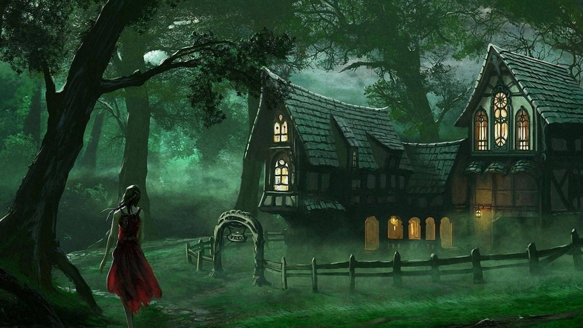 red dress, mysterious gothic house, dark enchanted forest, Full HD Desktop Wallpaper