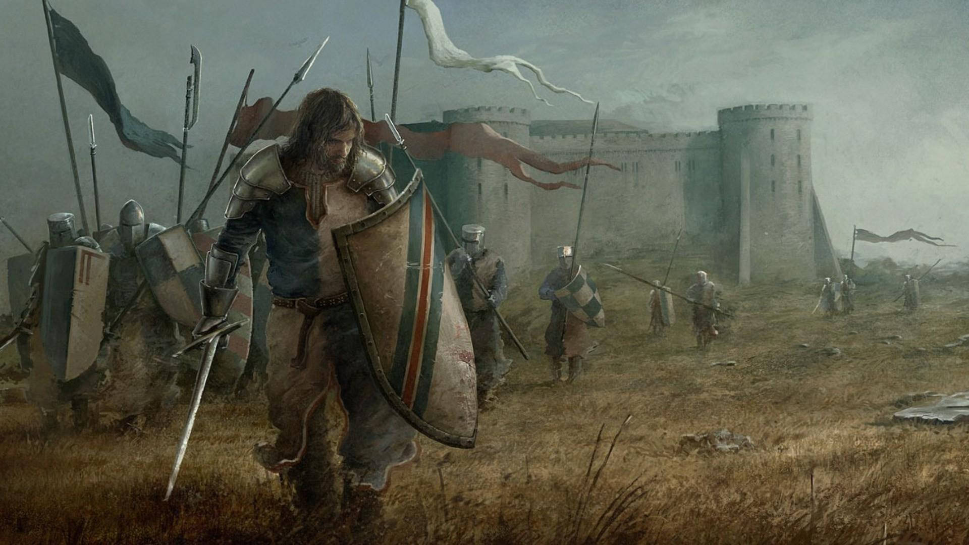 medieval fantasy crusader knight, crusader knight, muddy field, Full HD Desktop Wallpaper