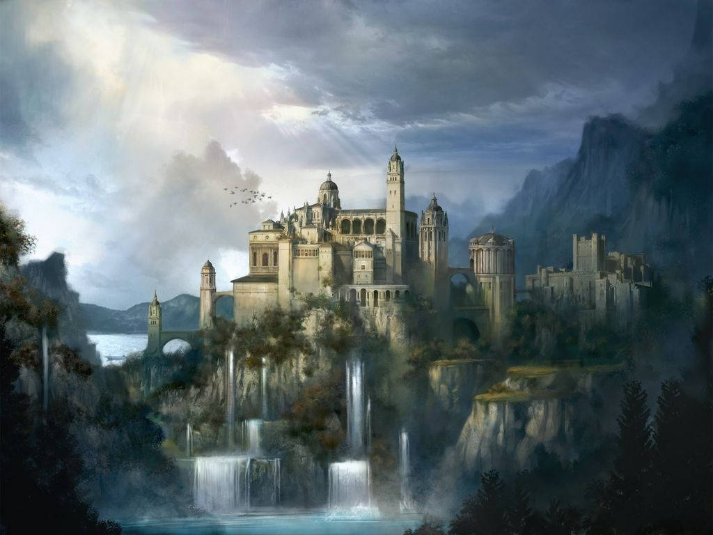 medieval, waterfall, mountain, SD Desktop Wallpaper