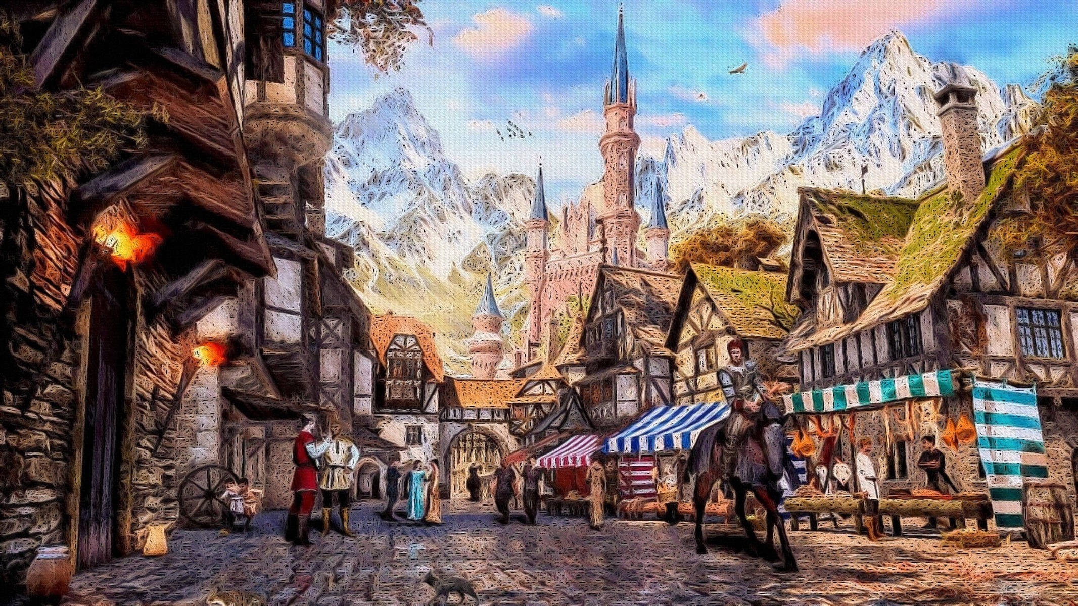 medieval village market, snowy mountains, castle tower, Full HD Desktop Wallpaper