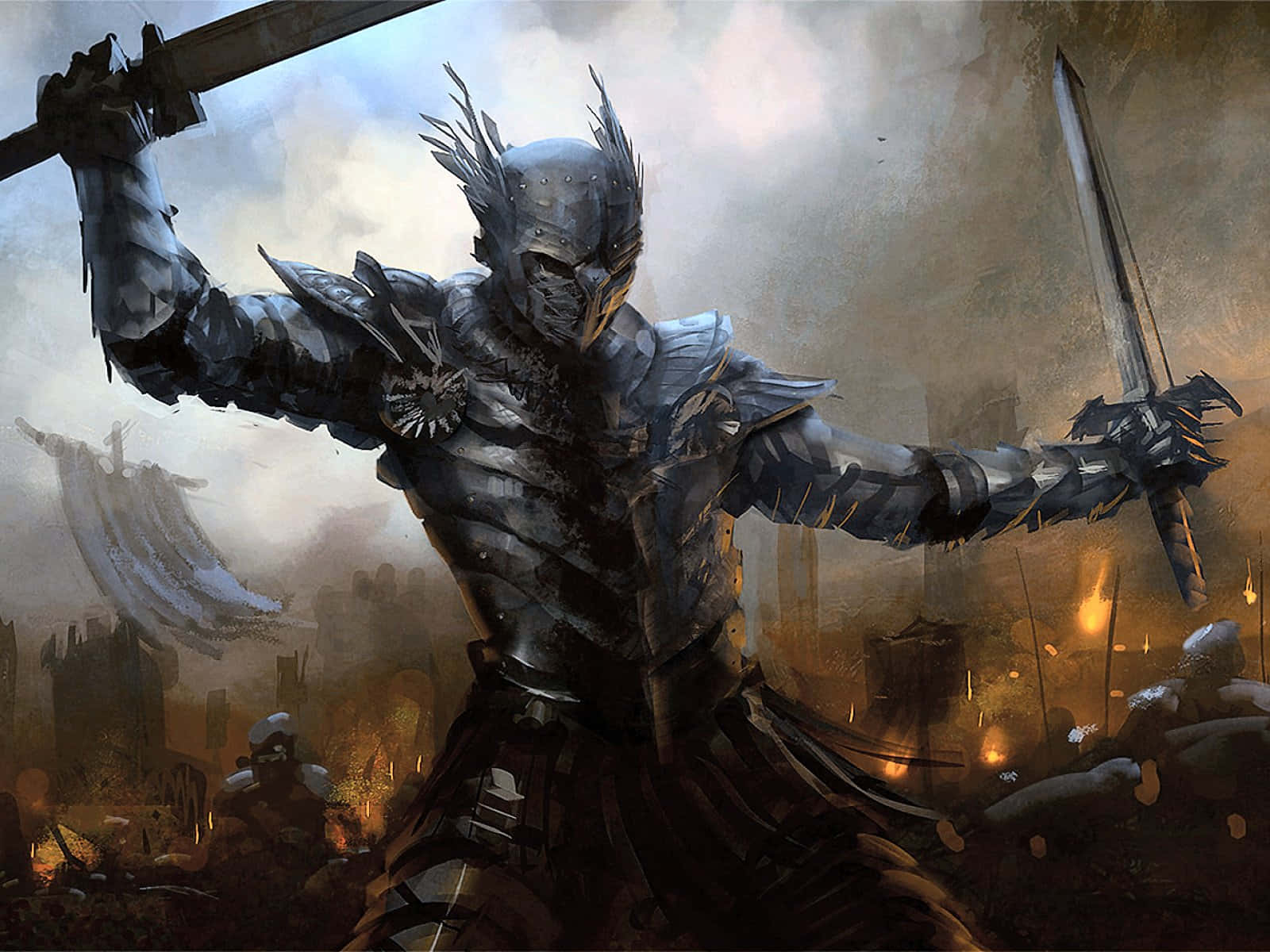 majestic medieval castle, sunset, dark armored knight, HD Desktop Wallpaper