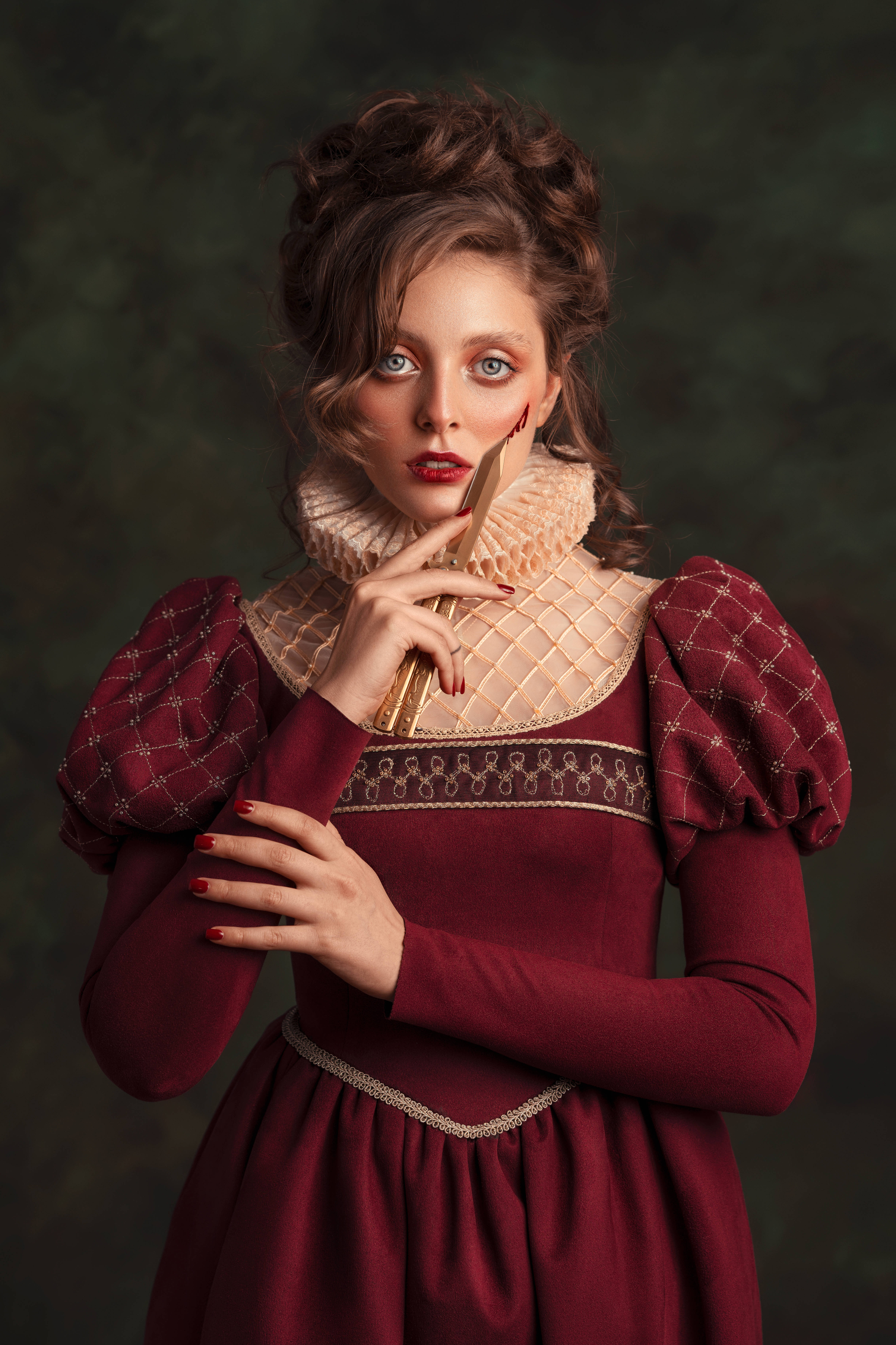 8K iPhone, vintage lady, burgundy Renaissance gown, 5K Phone Wallpaper
