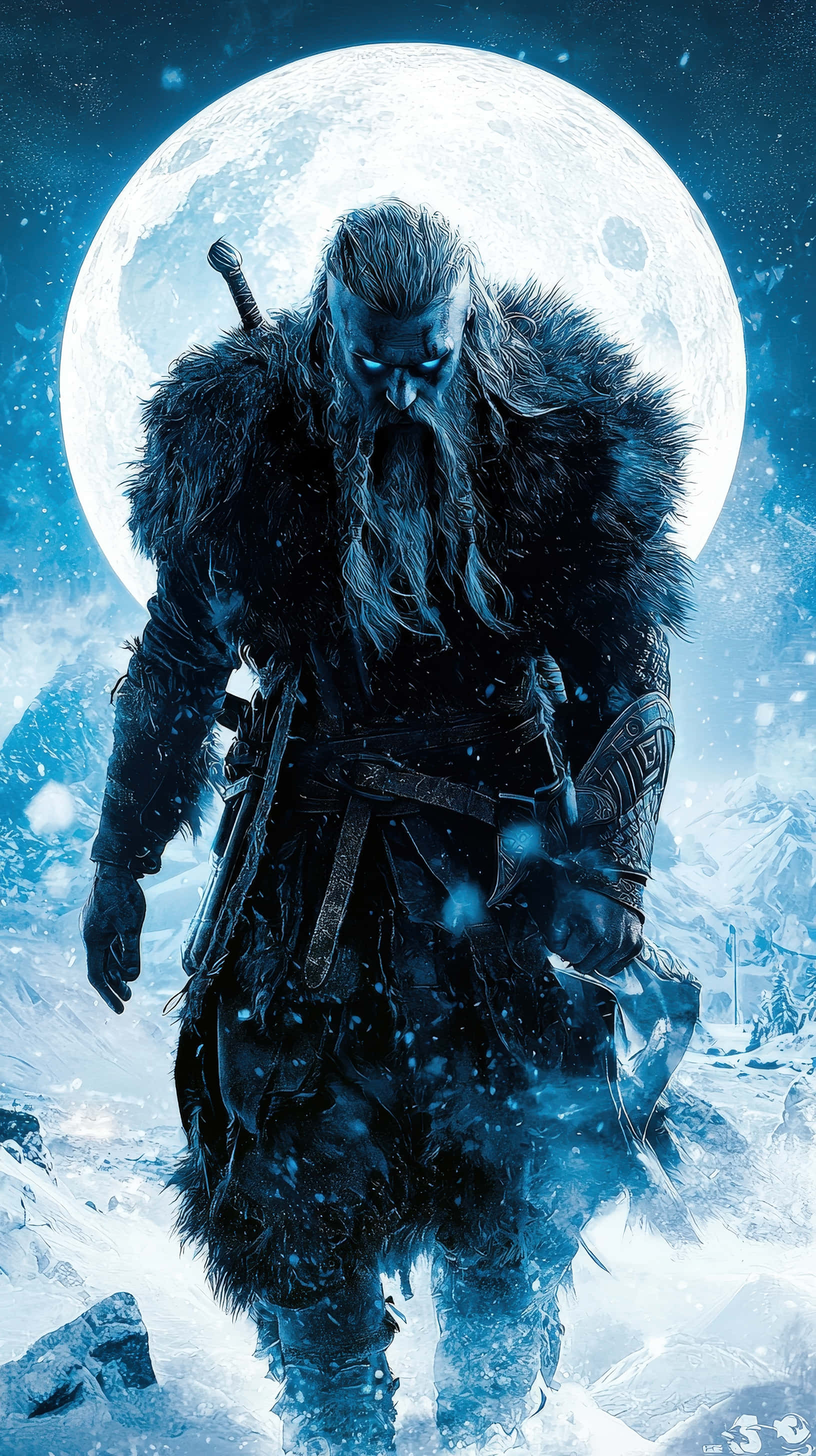 fierce viking warrior, snow, full moon, 2K Phone Wallpaper