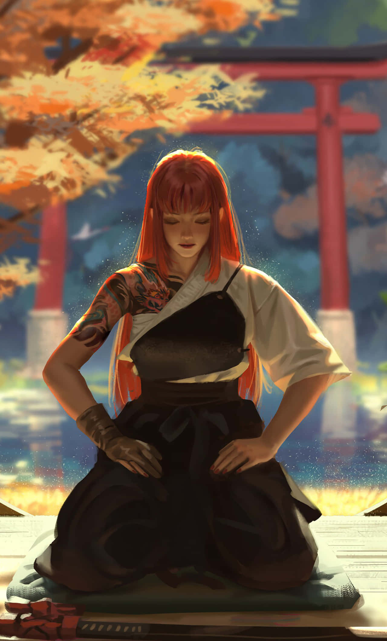 Meditation iPhone, red-haired woman, dragon tattoo, Full HD Phone Wallpaper