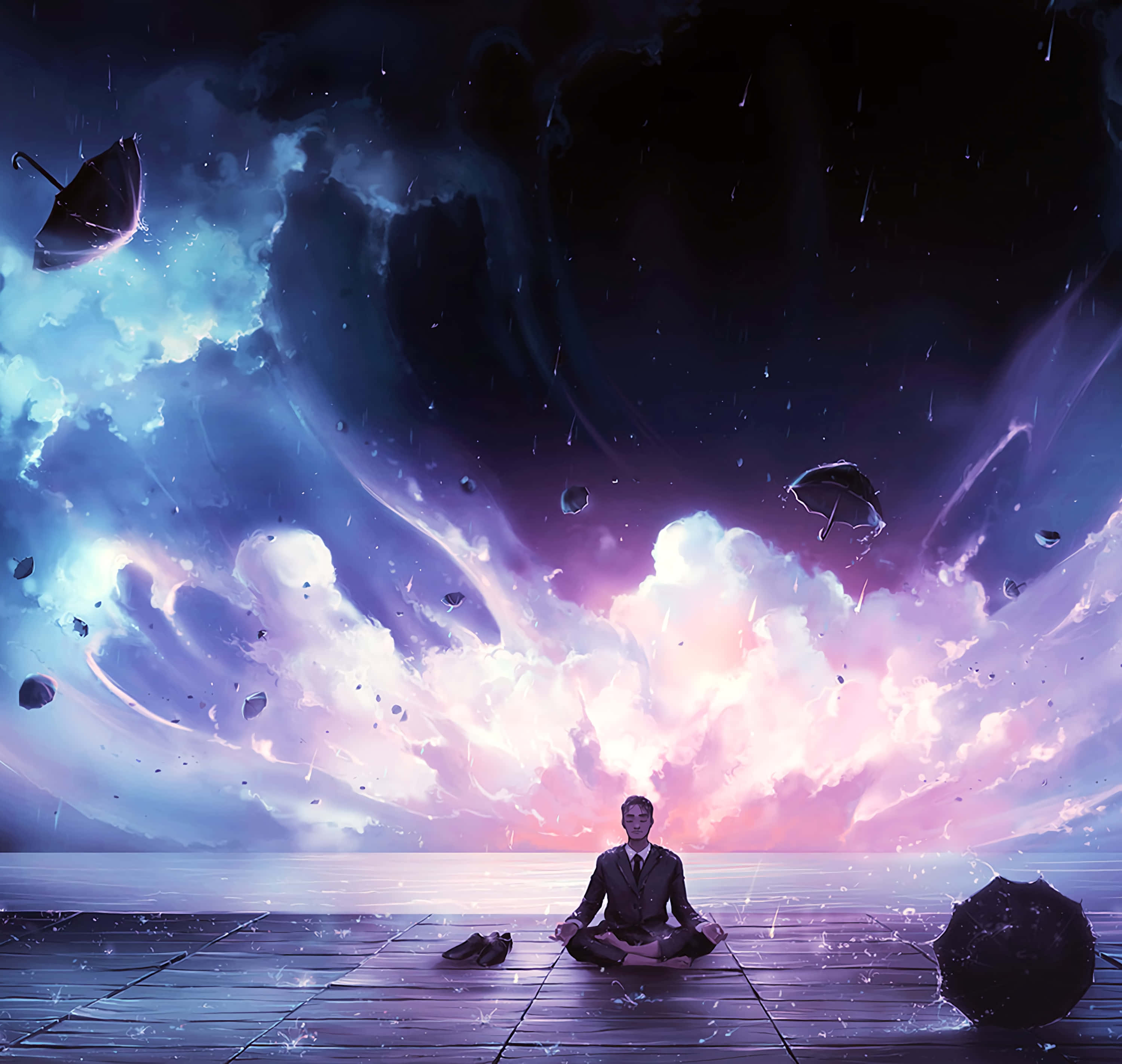 Night Meditation iPhone, wooden deck, surreal sky, 2K Desktop Wallpaper