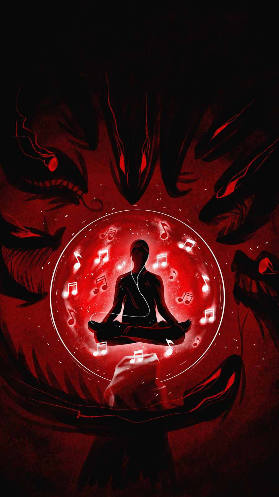 Meditation iPhone, glowing red orb, shadowy creatures, HD Phone Wallpaper