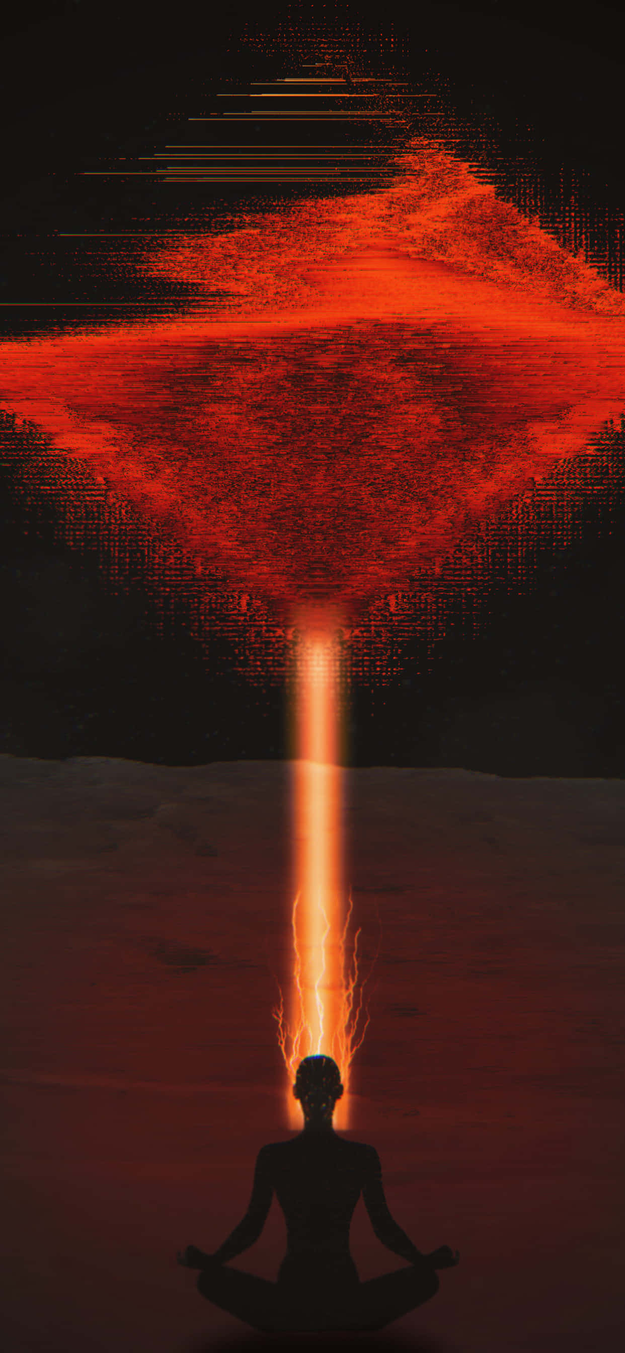 Meditation iPhone, glowing red beam, pixelated cosmic vortex, 2K Phone Wallpaper