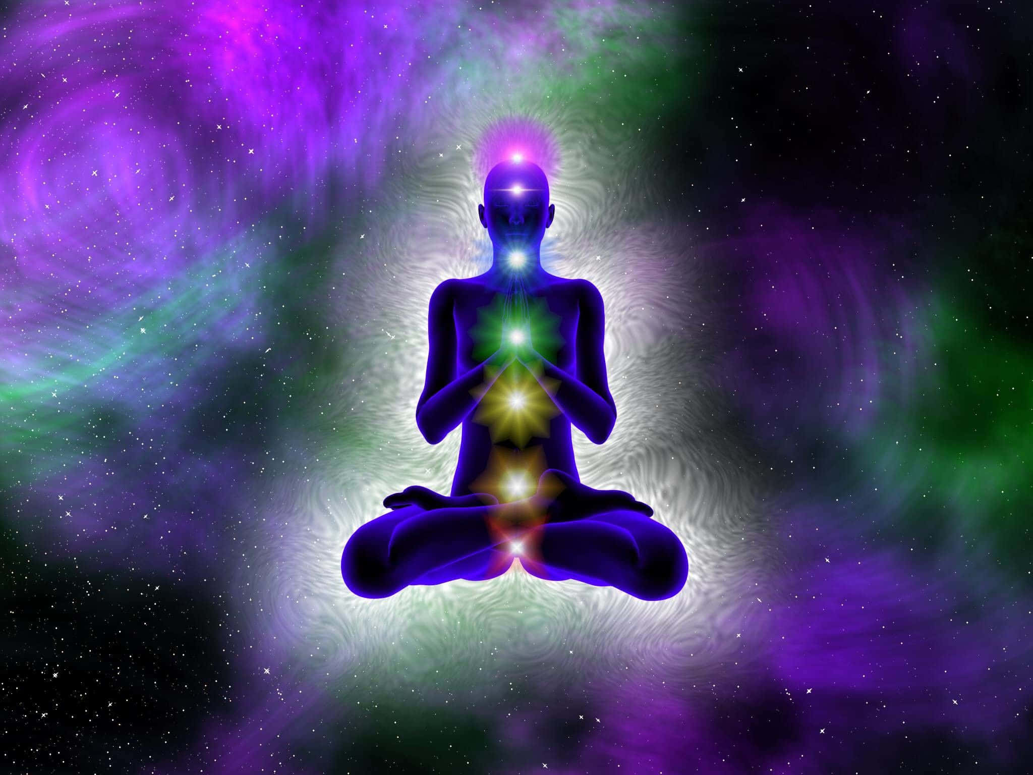 Meditation iPhone, glowing purple silhouette, cosmic space, Full HD Desktop Wallpaper