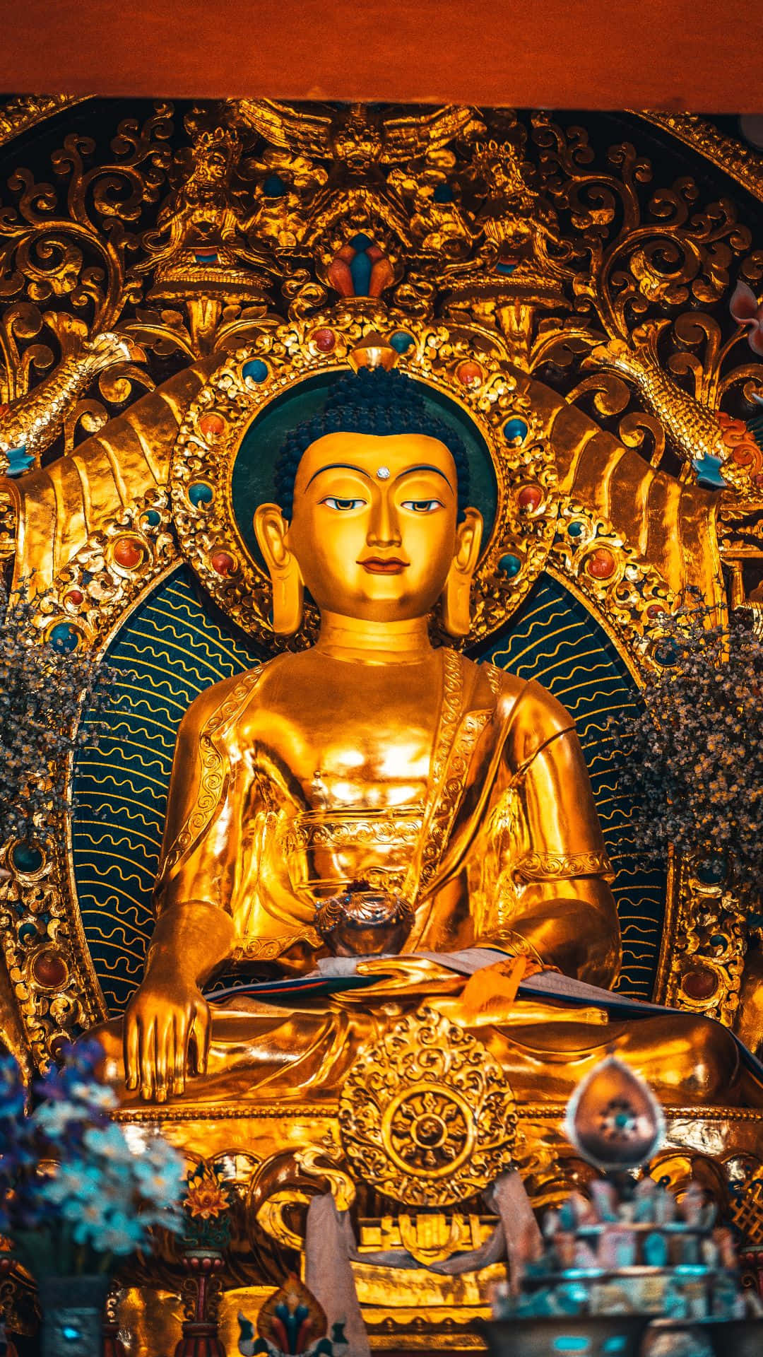 golden buddha statue, meditation, ornate halo, Full HD Phone Wallpaper