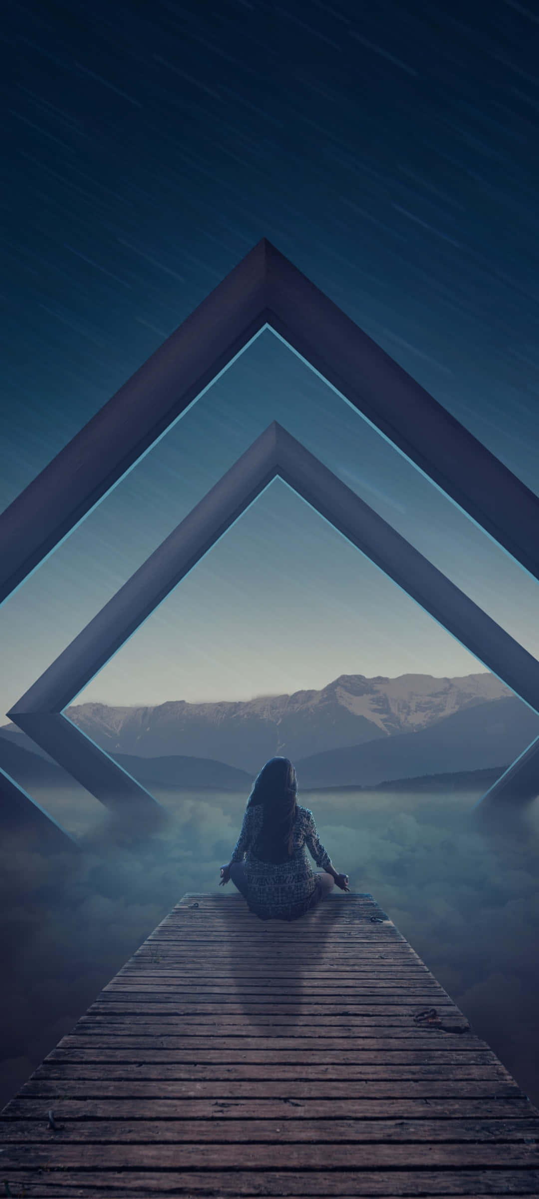 Meditation iPhone, wooden pier, geometric triangles, Full HD Phone Wallpaper
