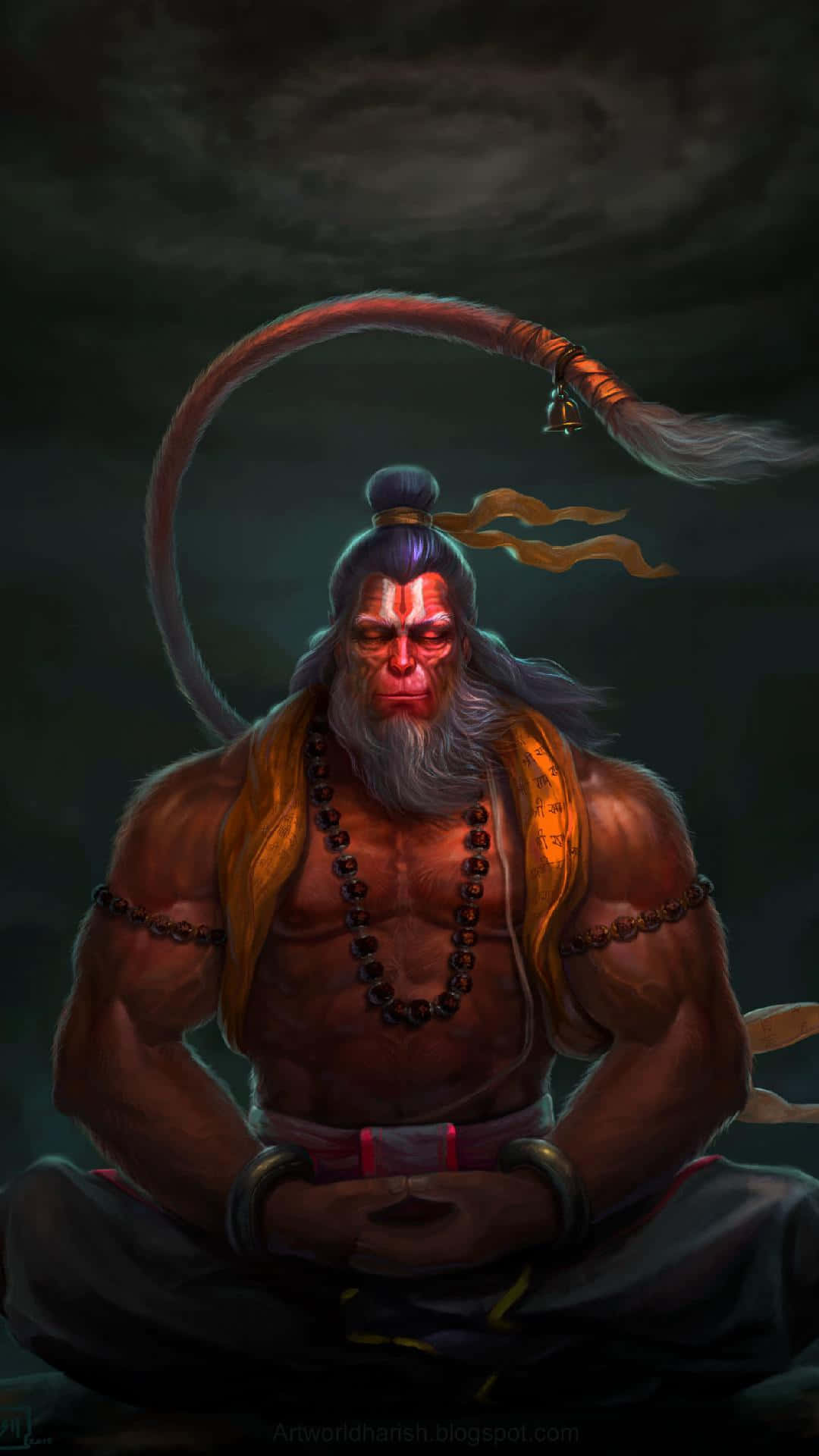 Meditation iPhone, red-skinned deity, long tail, Full HD Phone Wallpaper