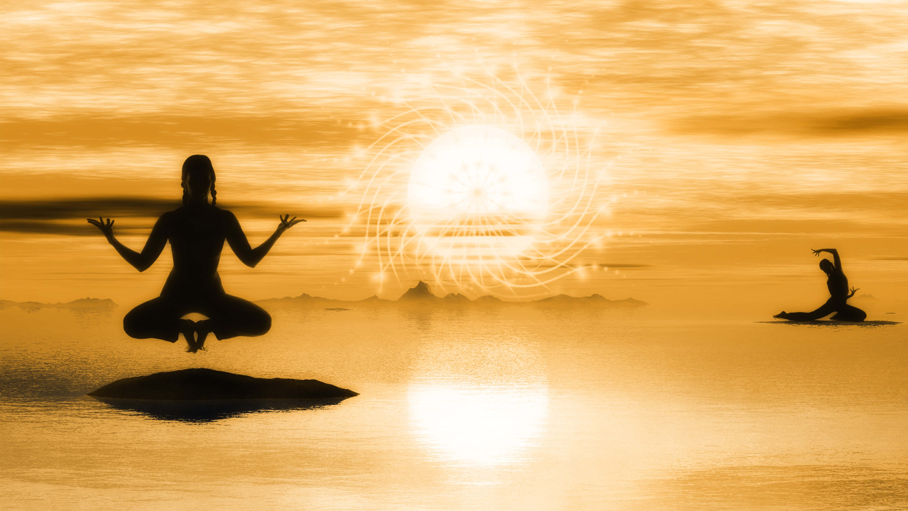 Meditation iPhone, silhouetted figures, water, 4K Desktop Wallpaper