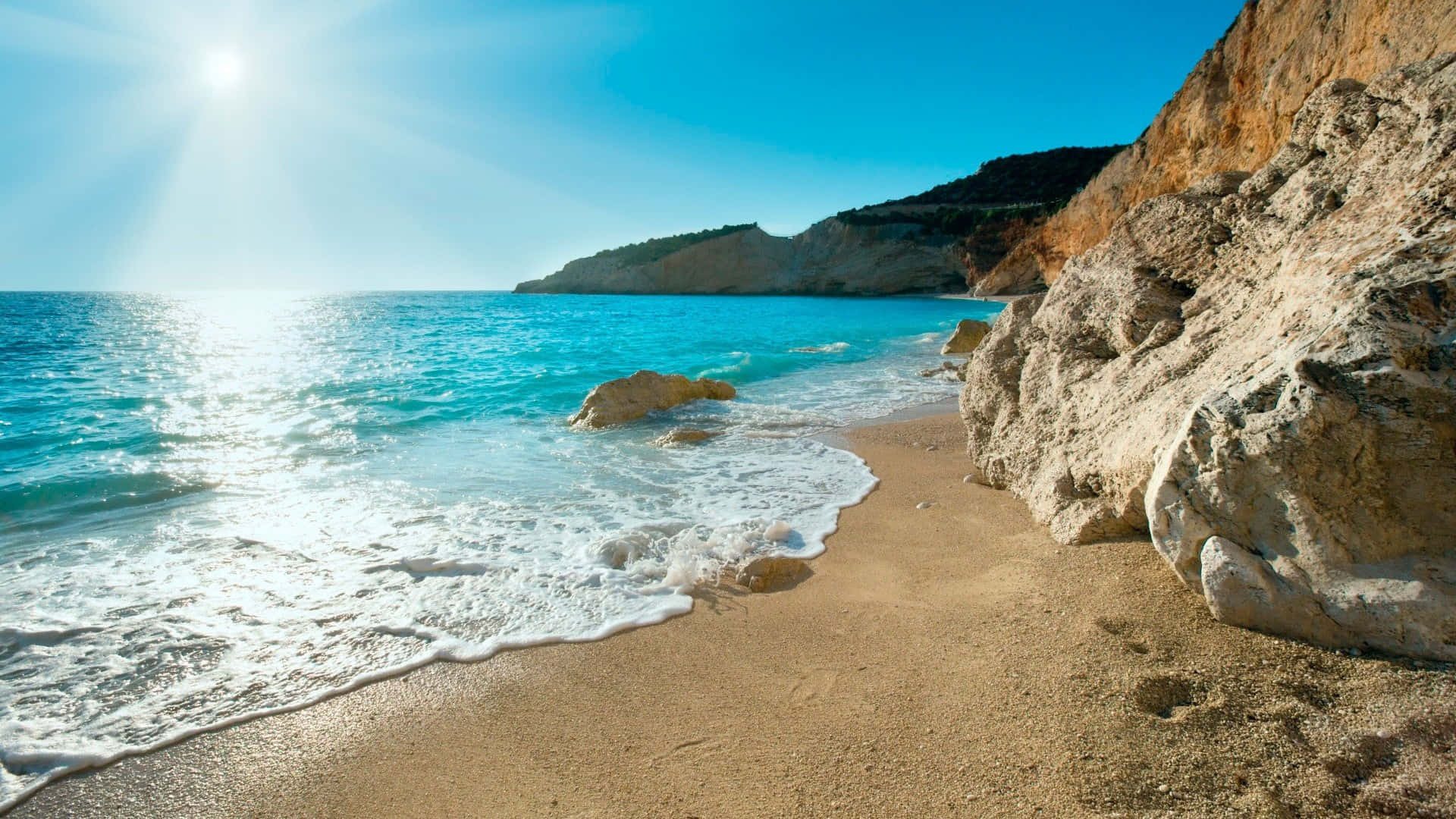 Mediterranean Sea Coast, turquoise waves, sandy shore, Full HD Desktop Wallpaper