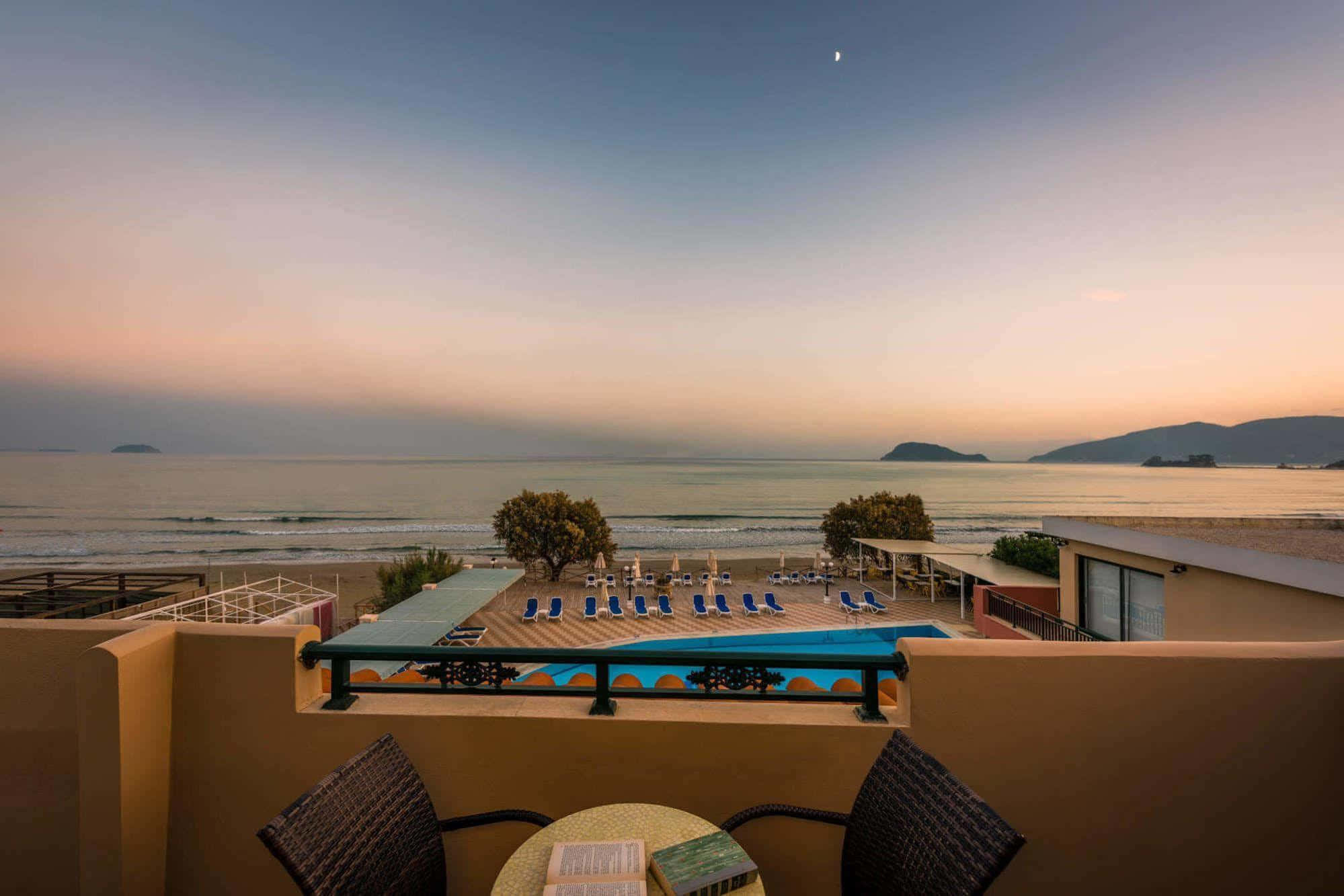 Mediterranean Beach, sunset, balcony, Full HD Desktop Wallpaper