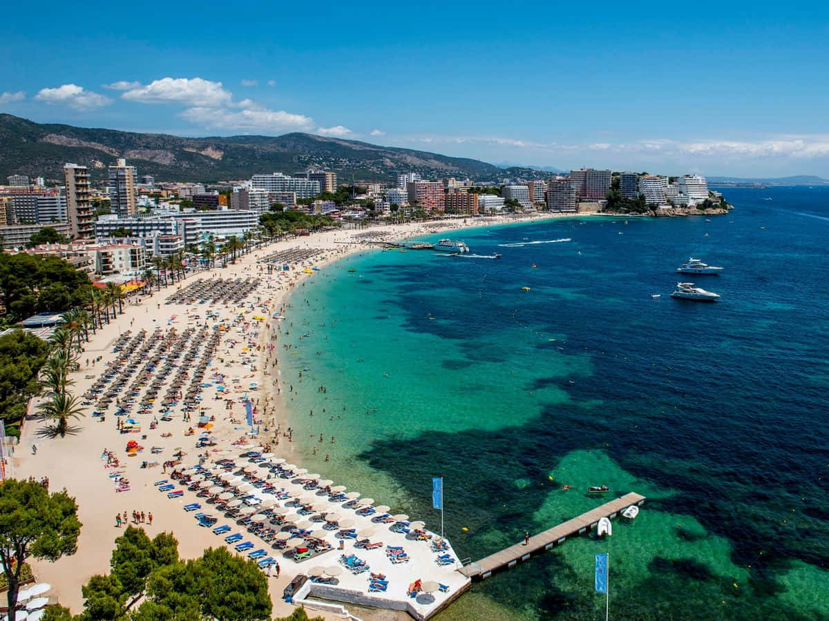 Mediterranean beach, turquoise waters, sunbathers, SD Desktop Wallpaper