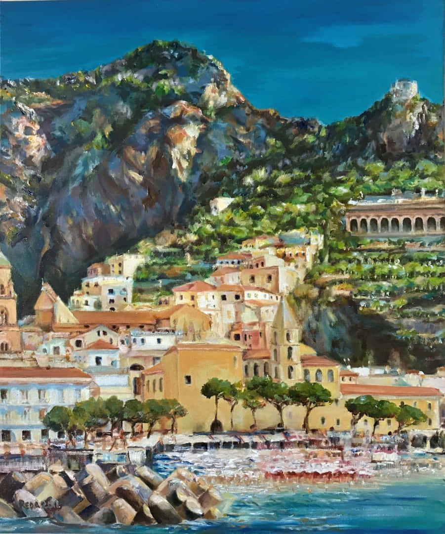 Mediterranean Beach, sunlit coastal village, steep green hillsides, SD Phone Wallpaper