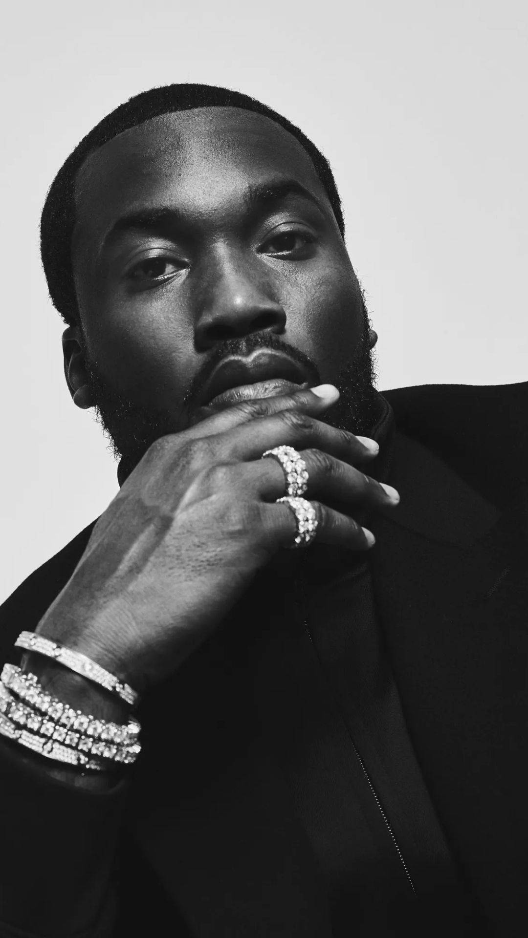 Meek Mill, black and white portrait, dark suit, Full HD Phone Wallpaper
