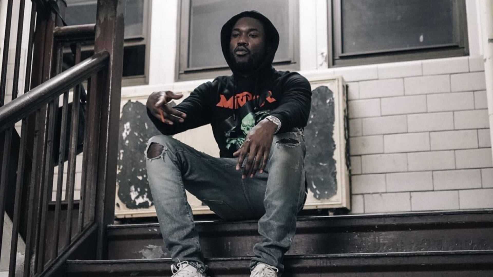 Meek Mill, black hoodie, ripped jeans, Full HD Desktop Wallpaper